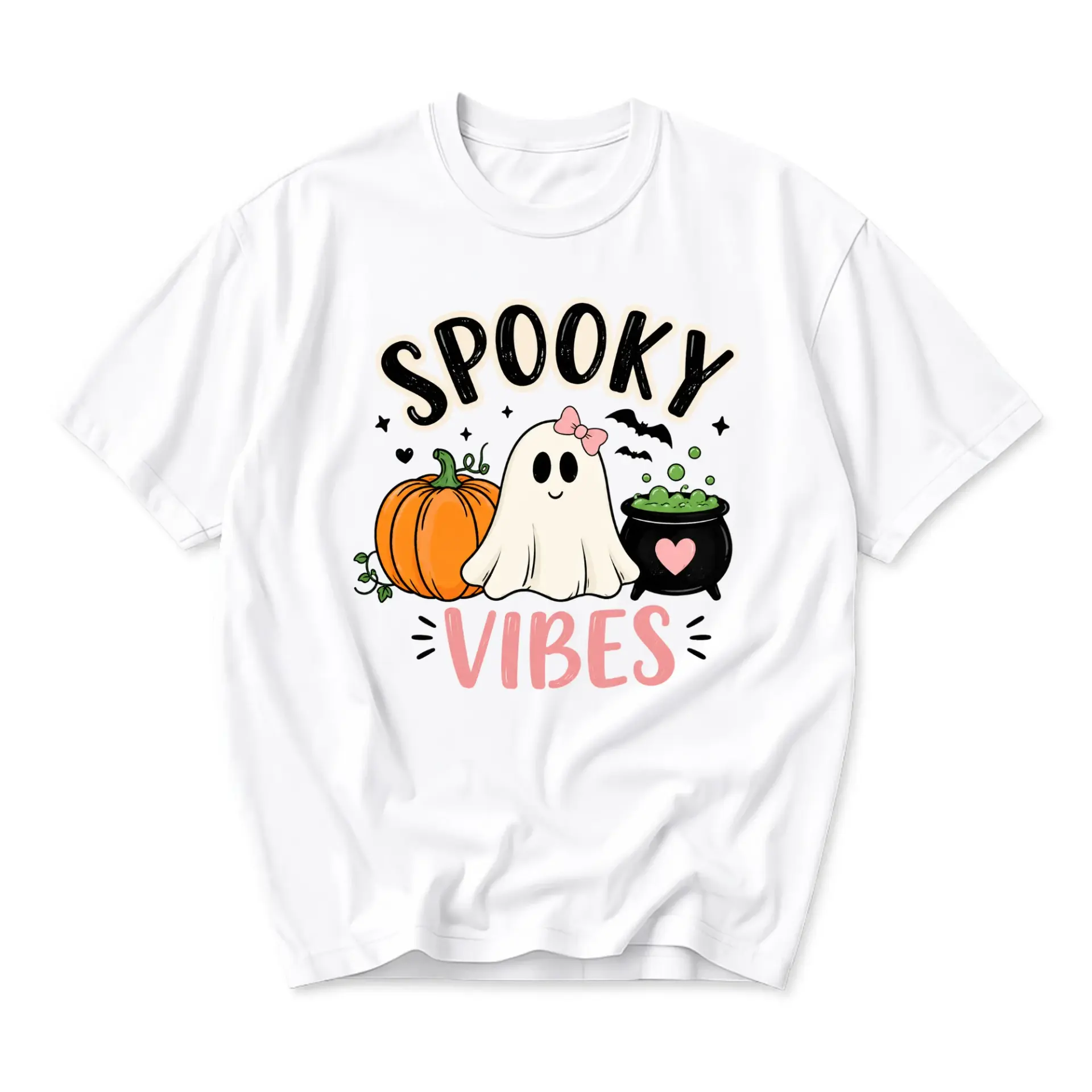 Graphic Tee Spooky Vibes Pumpkin Ghost Cauldron Print Unisex Crew Neck Casual Cotton Blend Fall Aesthetic Shirt