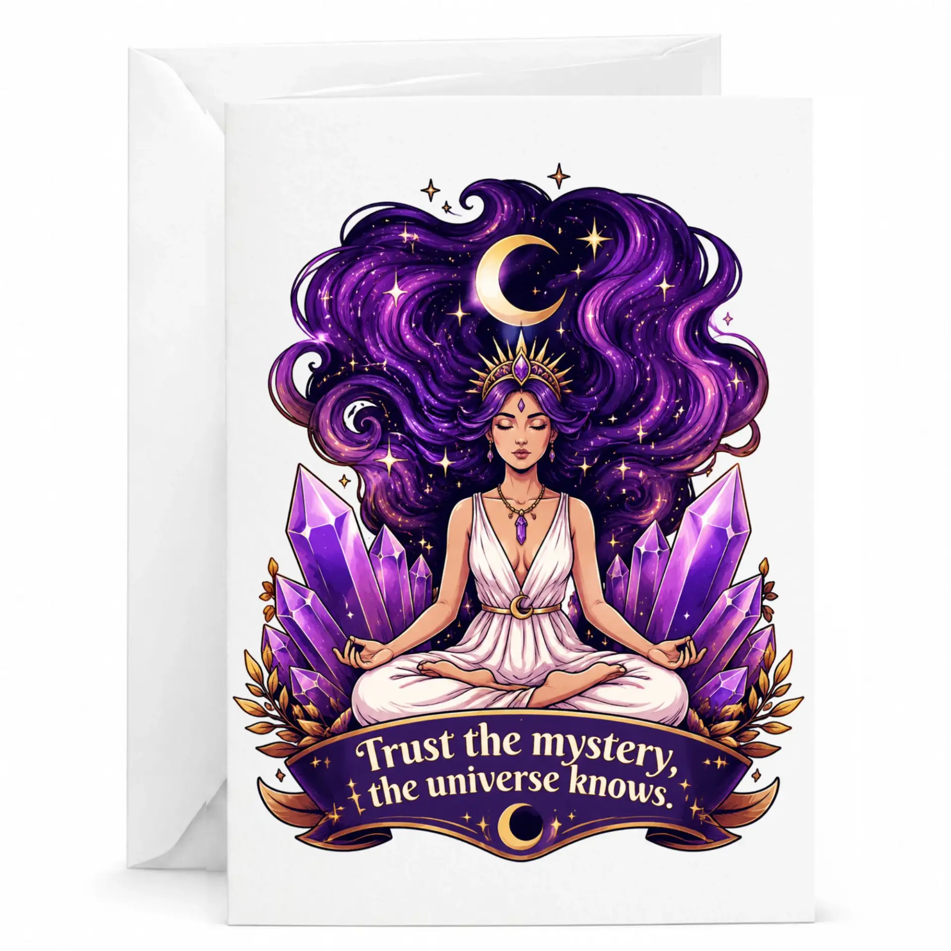 Inspirational Greeting Card Featuring Celestial Woman Meditating with Purple Crystals and Mystical Hair Art