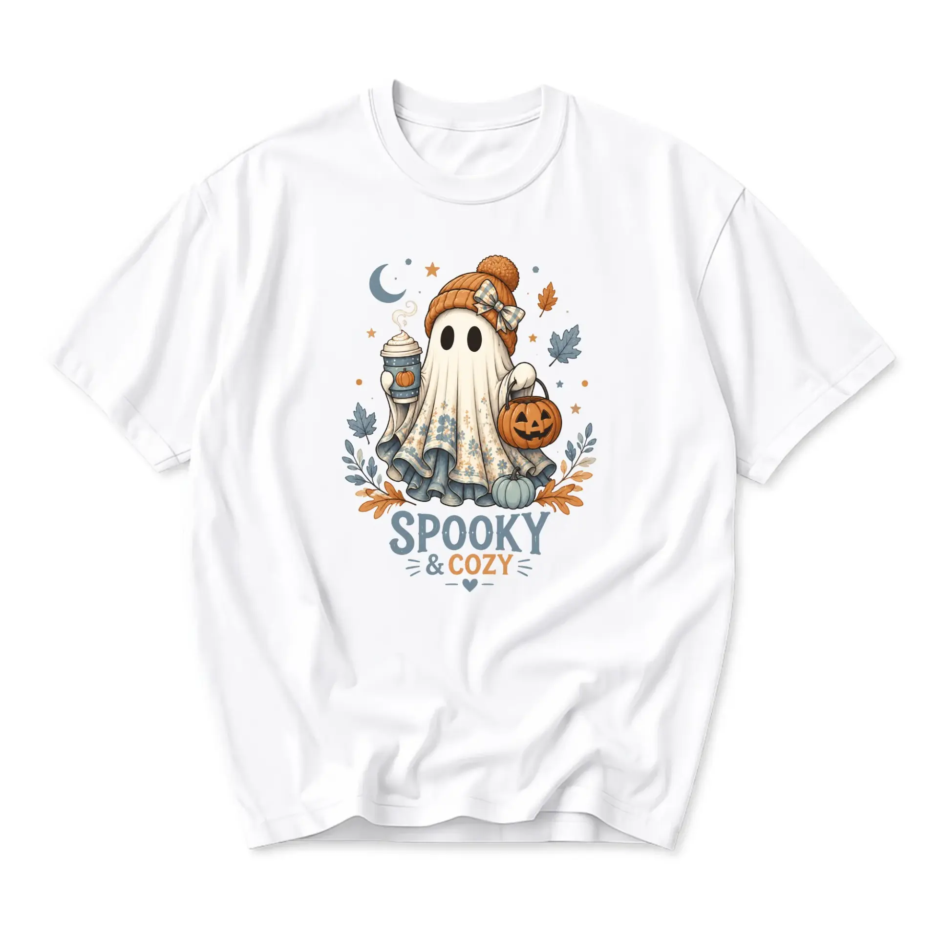Funny Shirt Spooky and Cozy Ghost Graphic Tee Cute Fall Aesthetic Apparel for Autumn Season Lovers Casual Crew Neck Top
