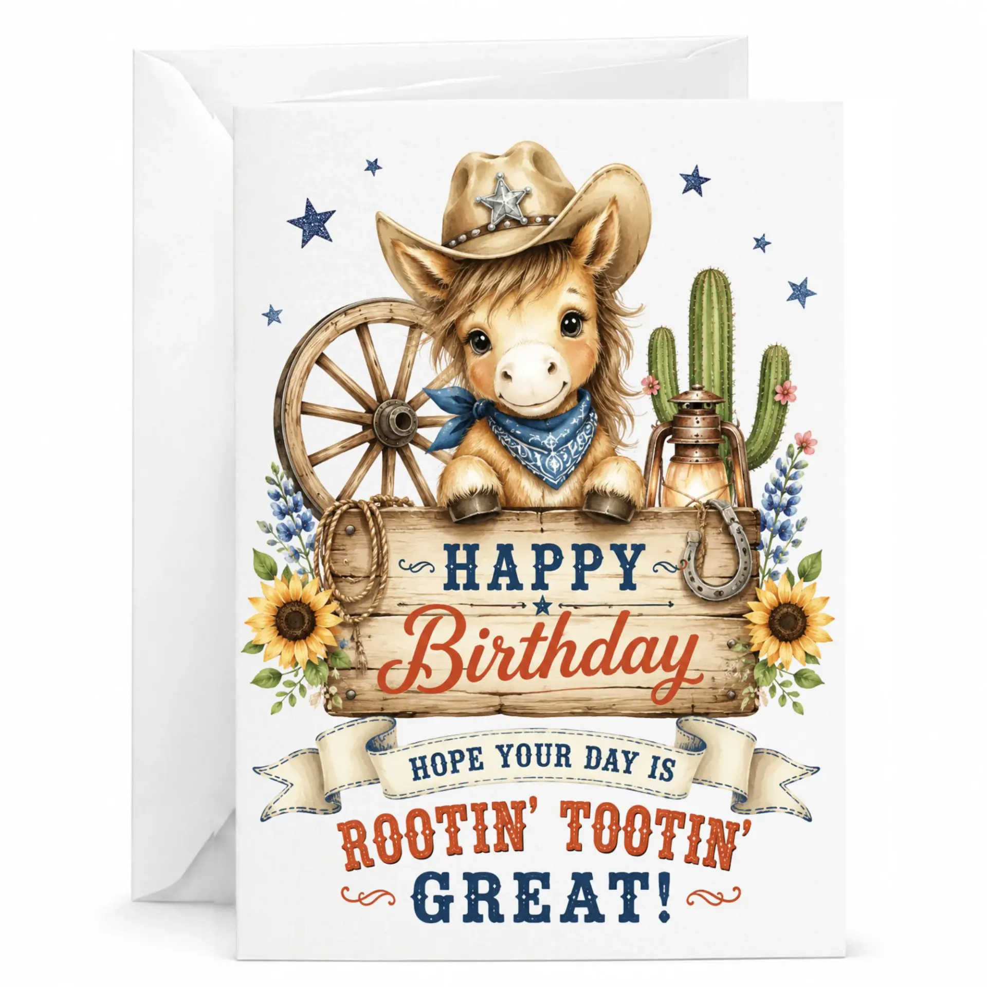 Birthday Card Cowboy Horse Theme Greeting Featuring Cute Character with Rustic Wood Sign Design