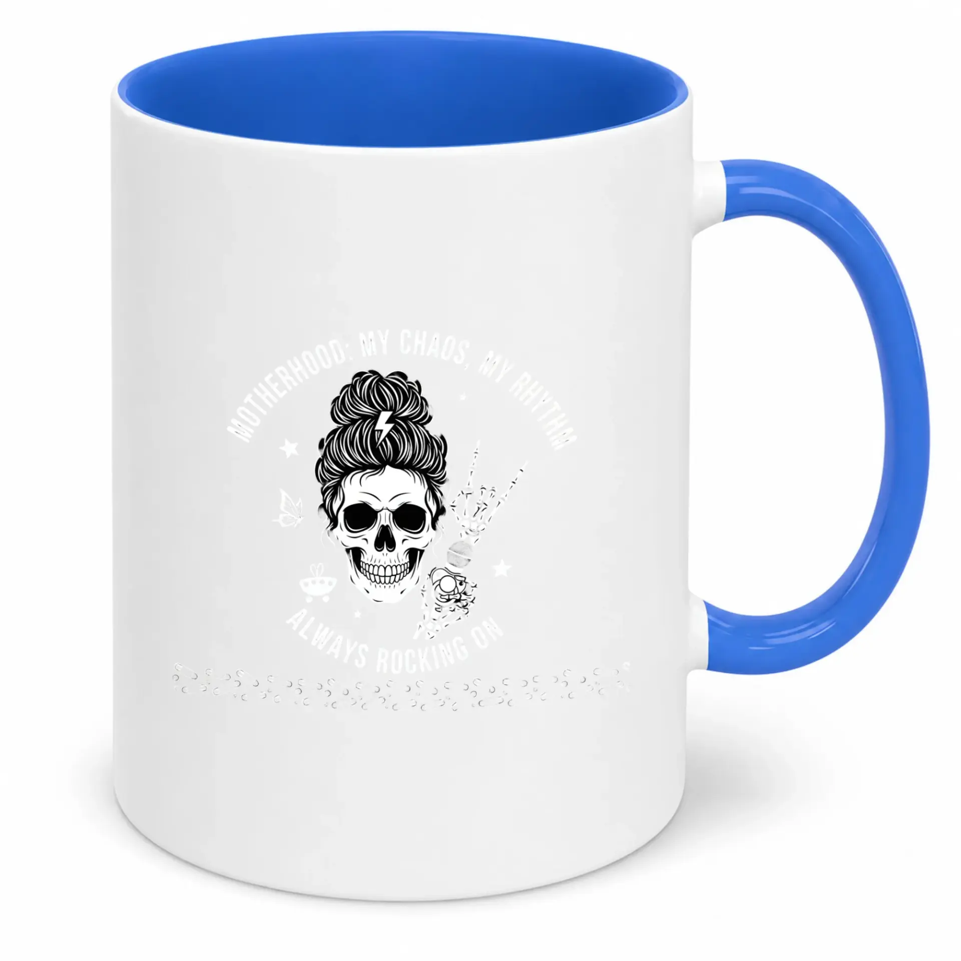 Funny Motherhood Skull Messy Bun Ceramic Coffee Mug My Chaos My Rhythm Always Rocking on Beverage Cup for Mom Life Gifts