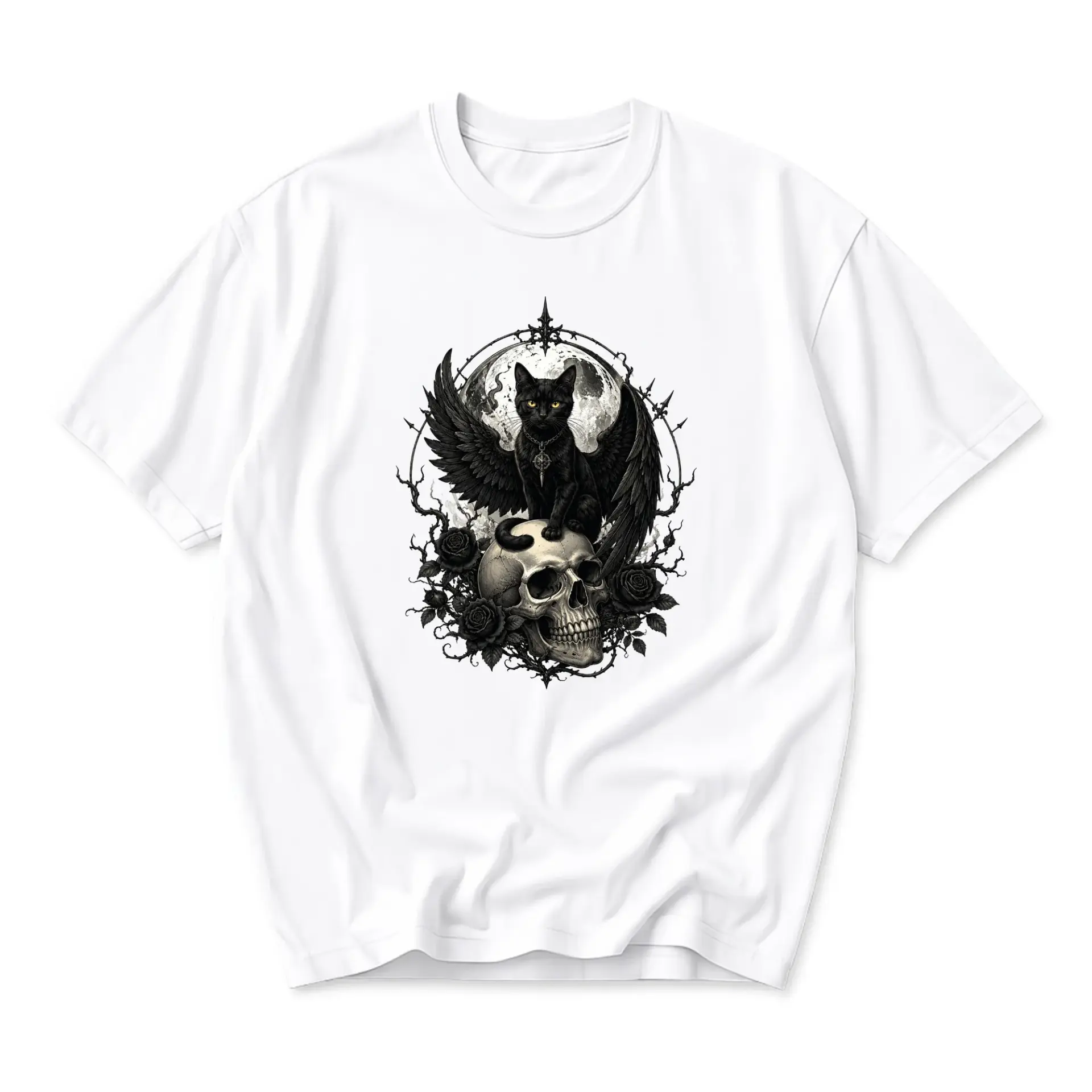 Graphic Tee Unisex Black Winged Cat on Skull Print Short Sleeve Crew Neck Casual Cotton Blend Apparel