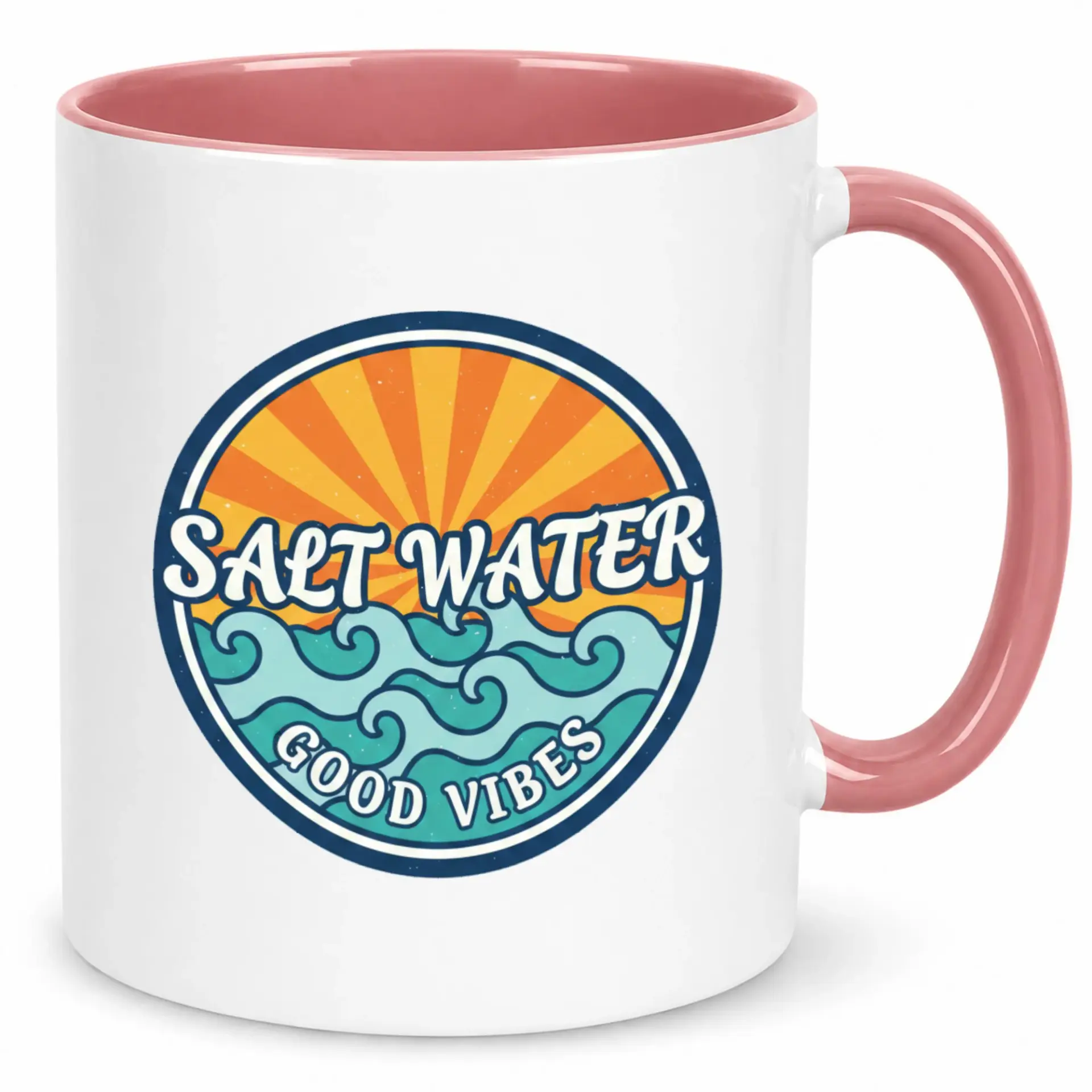 Salt Water Good Vibes Ceramic Coffee Mug, Ocean Waves and Retro Sun Design, Beach Themed Drinkware for Coastal Enthusiasts and Summer Lovers