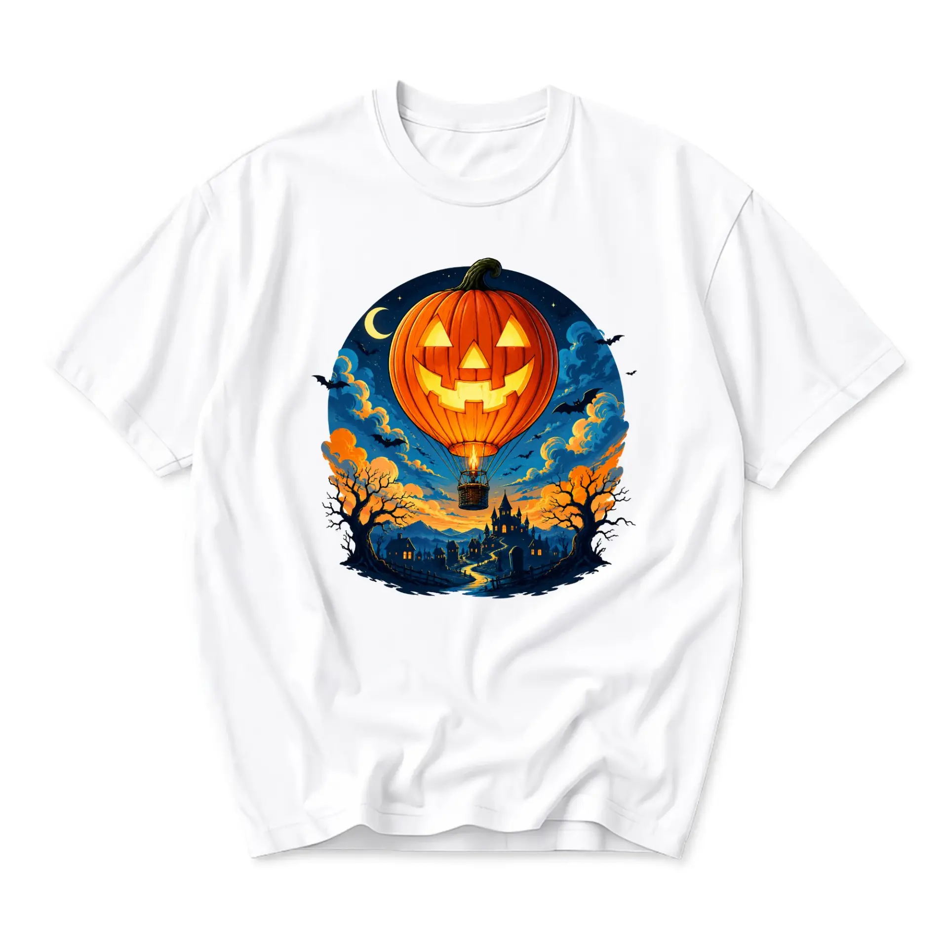 T-shirt Halloween Hot Air Balloon Graphic Tee Featuring a Spooky Pumpkin Lantern Night Sky Scene for Casual Wear