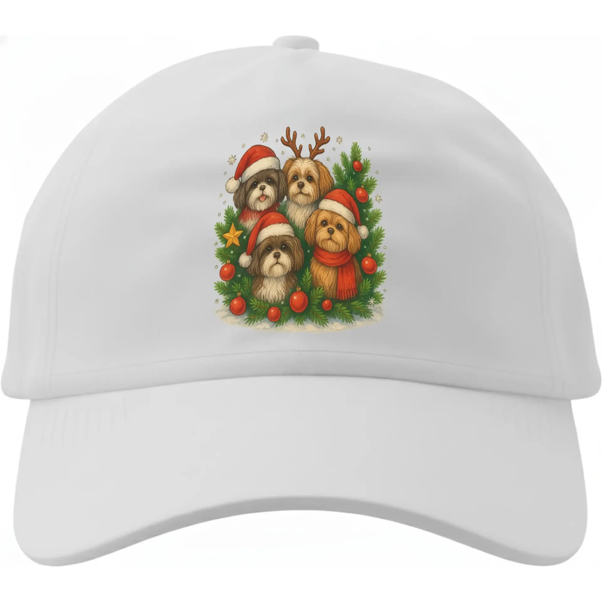 Baseball Cap Featuring Festive Shih Tzu Dogs Wearing Christmas Hats for Holiday Season Casual Everyday Fashion Accessory