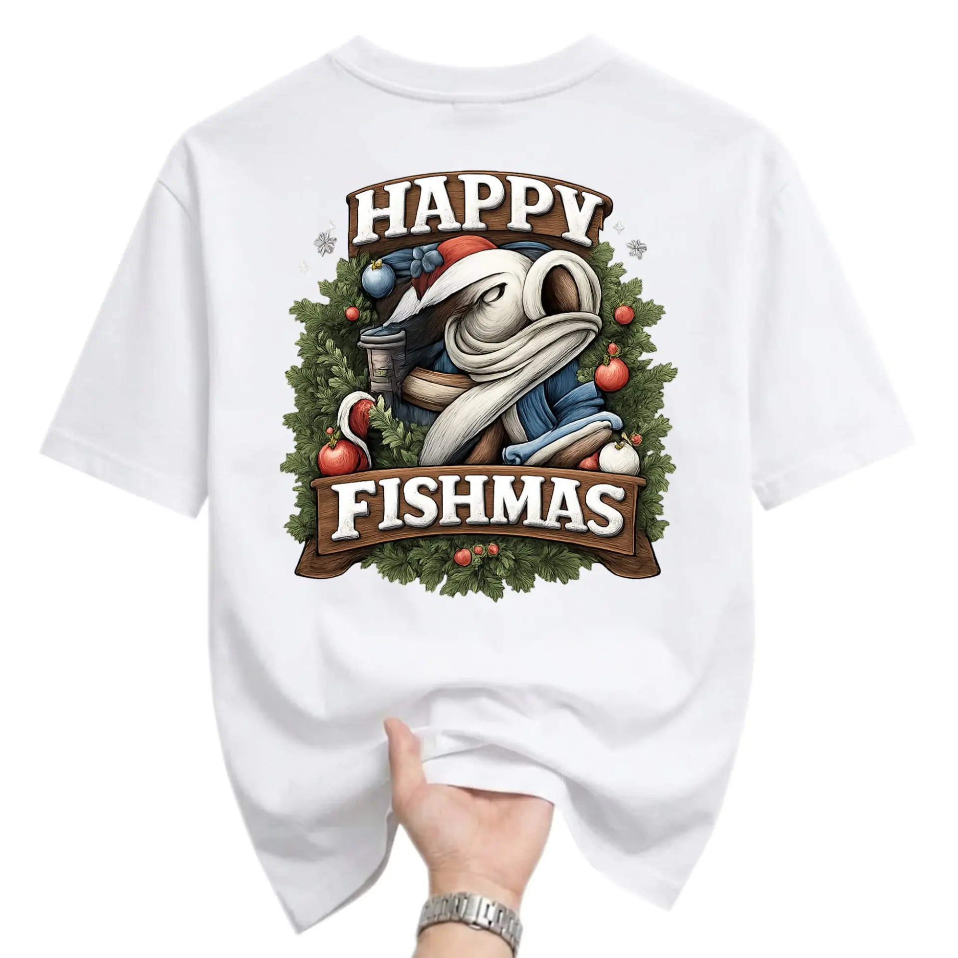 Funny Shirt Happy Fishmas Graphic Tee Holiday Fishing Themed Unisex Crew Neck Casual Cotton Blend Apparel White
