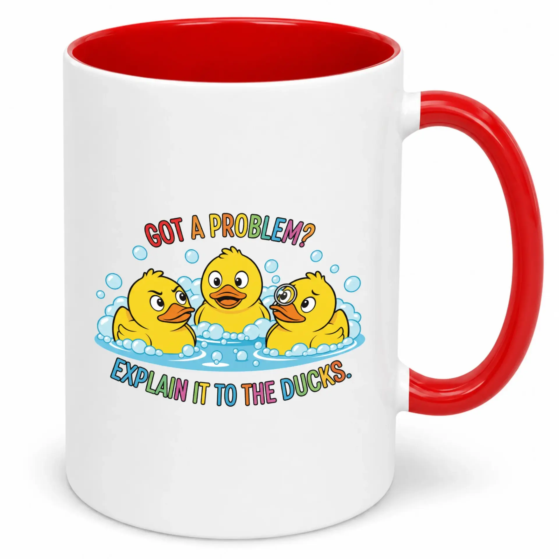Funny Ceramic Coffee Mug with Humorous Duck Design, White and Red Accent Tea Cup for Office or Home Kitchen Decor, Unique Gift Idea