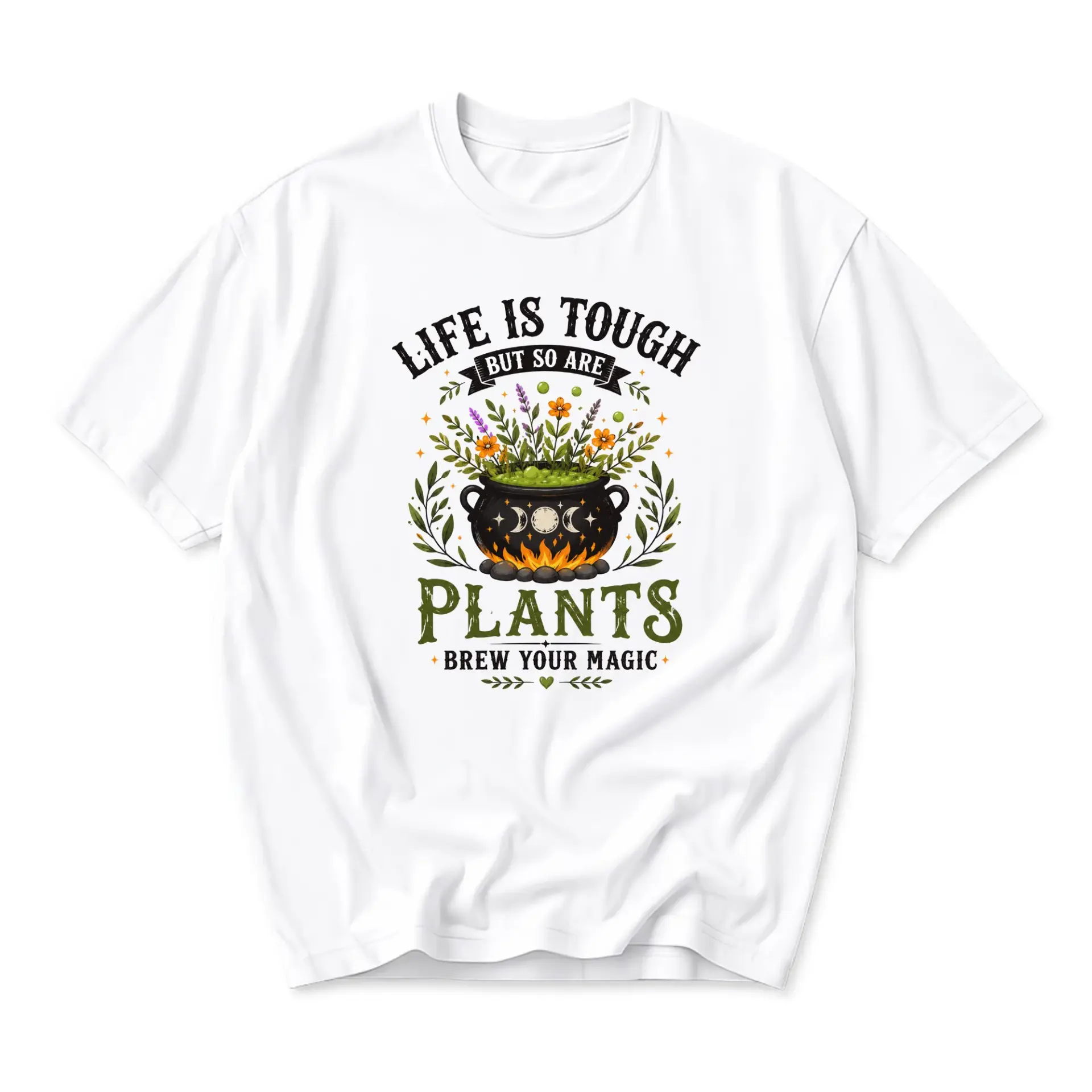Graphic Tee Life Is Tough but so Are Plants Botanical Witchy Cauldron Design Unisex Crew Neck Short Sleeve Shirt