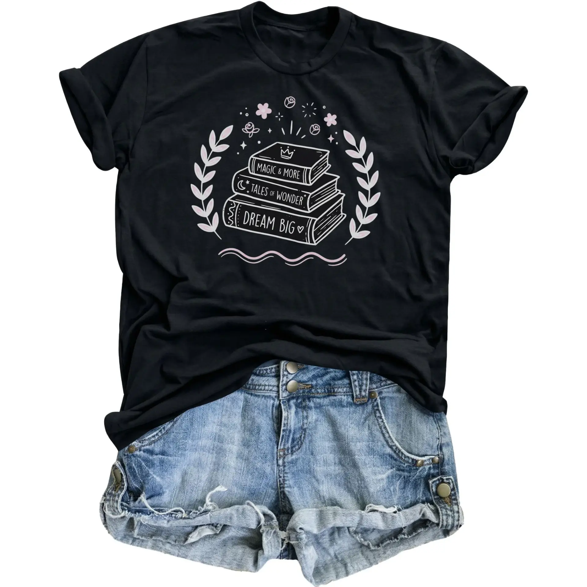 Graphic Tee Book Lover Shirt Tales of Wonder Big Illustration Unisex Crew Neck Apparel Casual Top