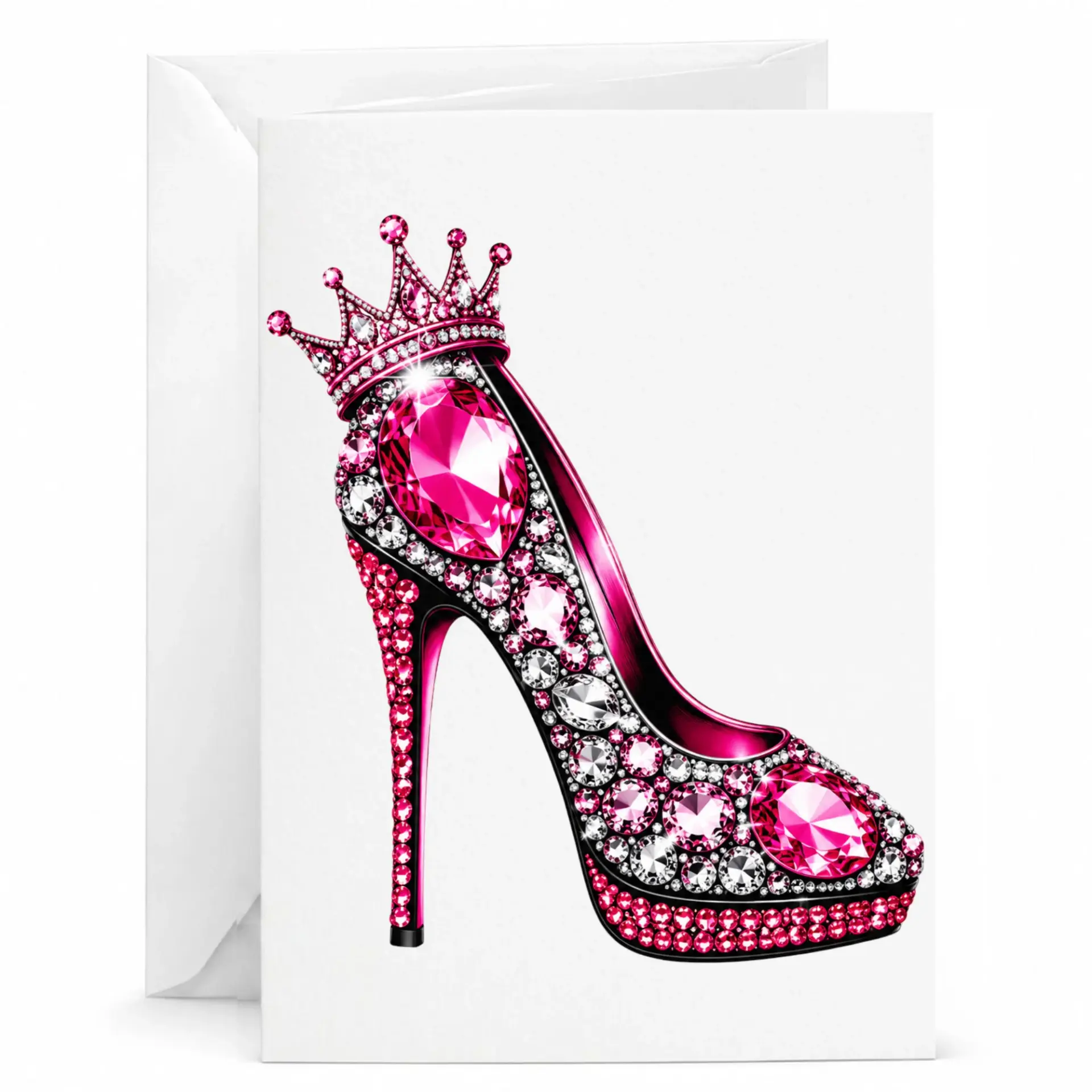 Greeting Card Featuring Jeweled High Heel Shoe with Crown Illustration Elegant Fashion Design for Special Moments