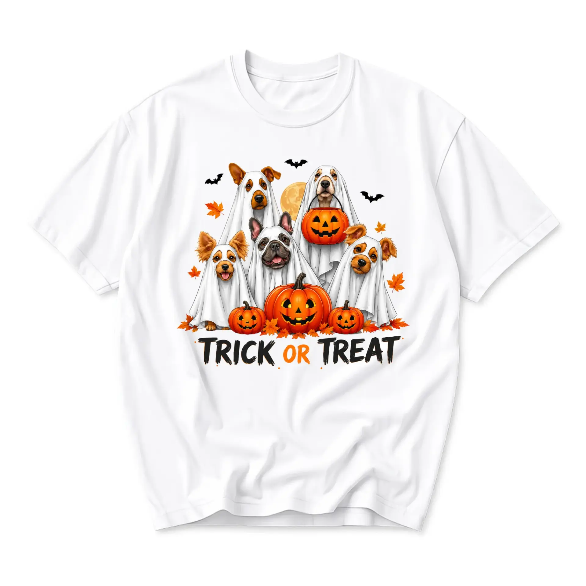 Graphic Tee Halloween Dog Costume Trick or Treat T-Shirt Featuring Adorable Canine Friends in Ghost Sheet Outfits