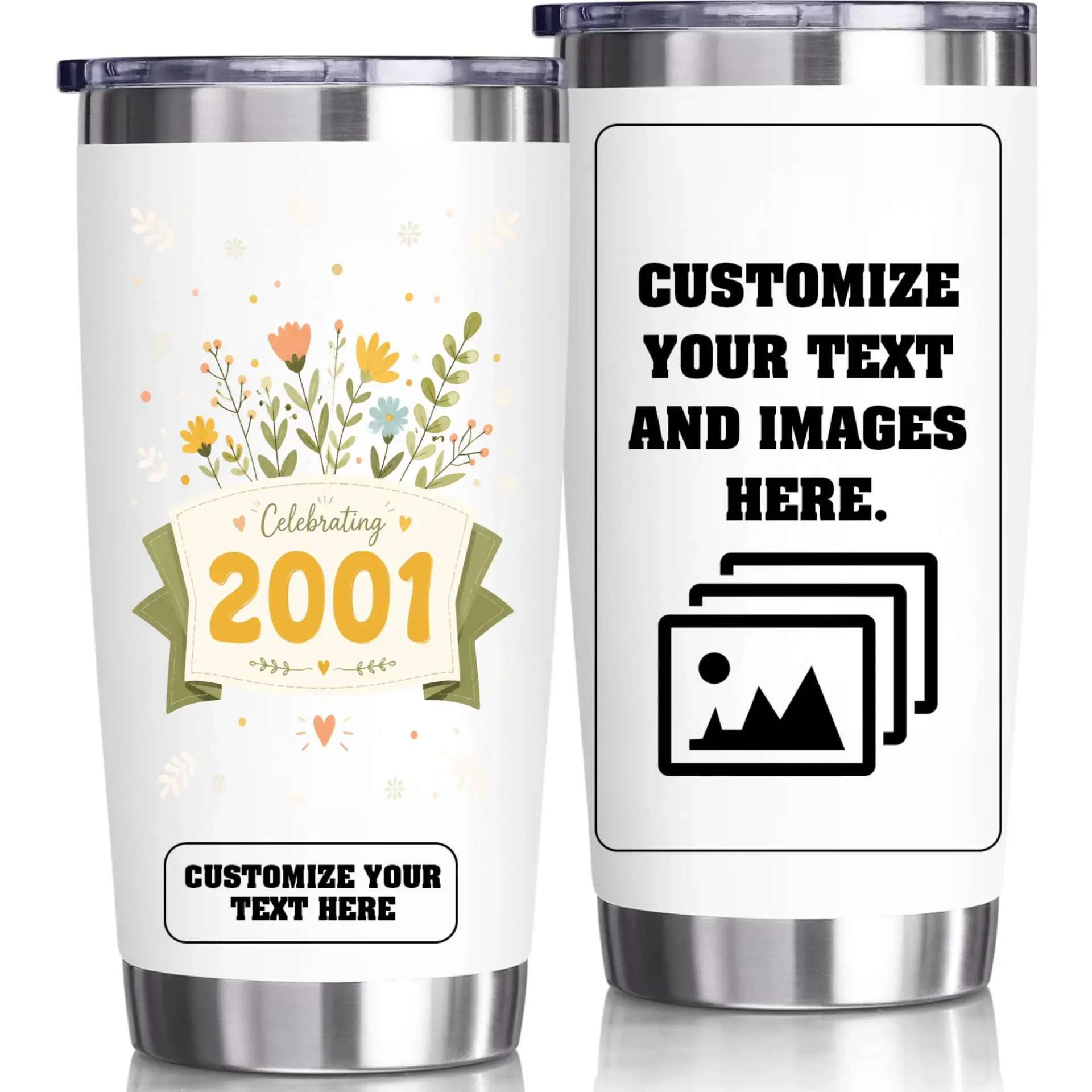 Stainless Steel Tumbler Celebrating 2001 Floral Design Custom 20oz Insulated Travel Cup for Hot or Cold Beverages