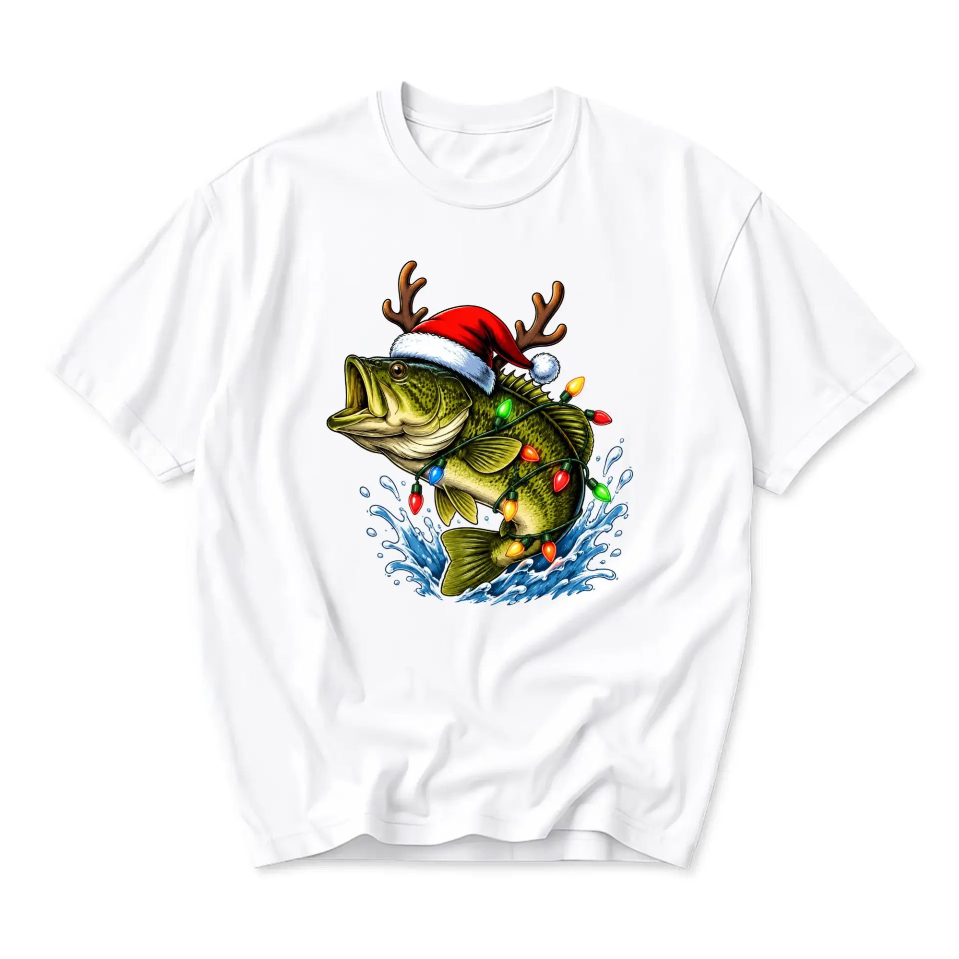 Funny Shirt for Fishing Lovers Featuring Fish with Santa Hat and Holiday Lights Graphic Tee Unisex Crew Neck Top