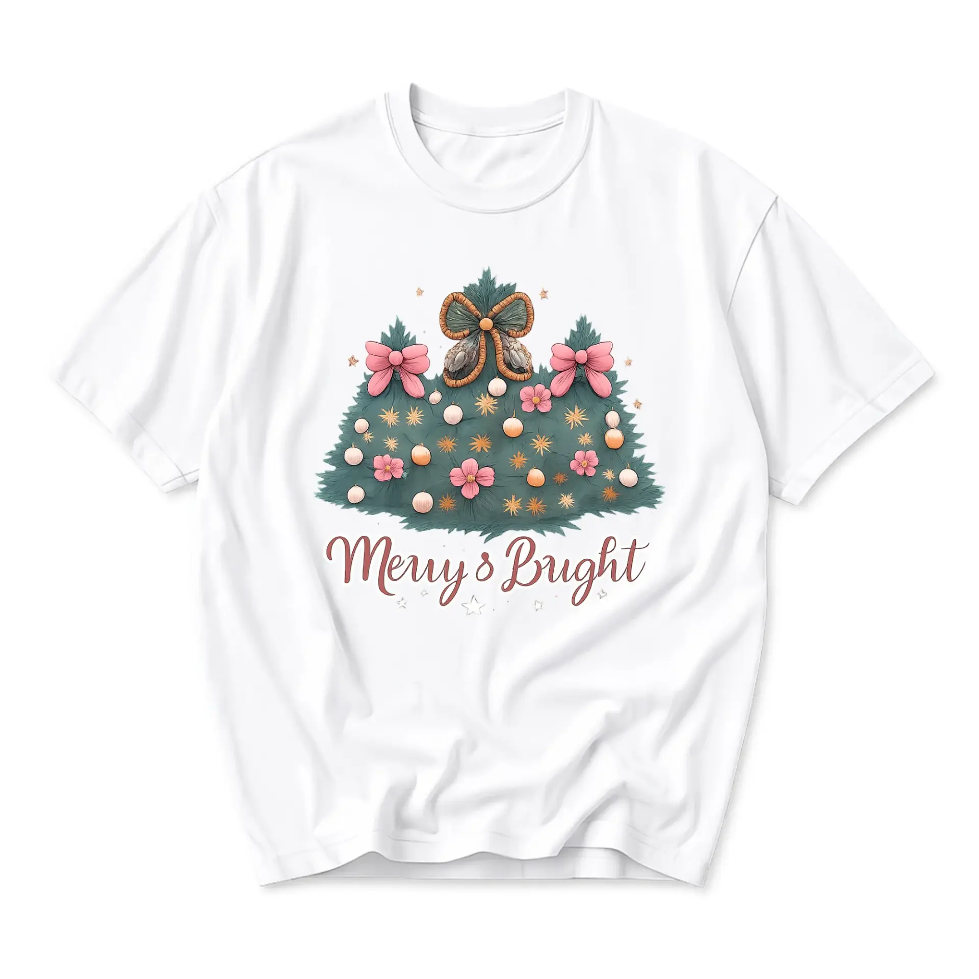 Graphic Tee Merry and Bright Christmas Tree Aesthetic Print Unisex Casual