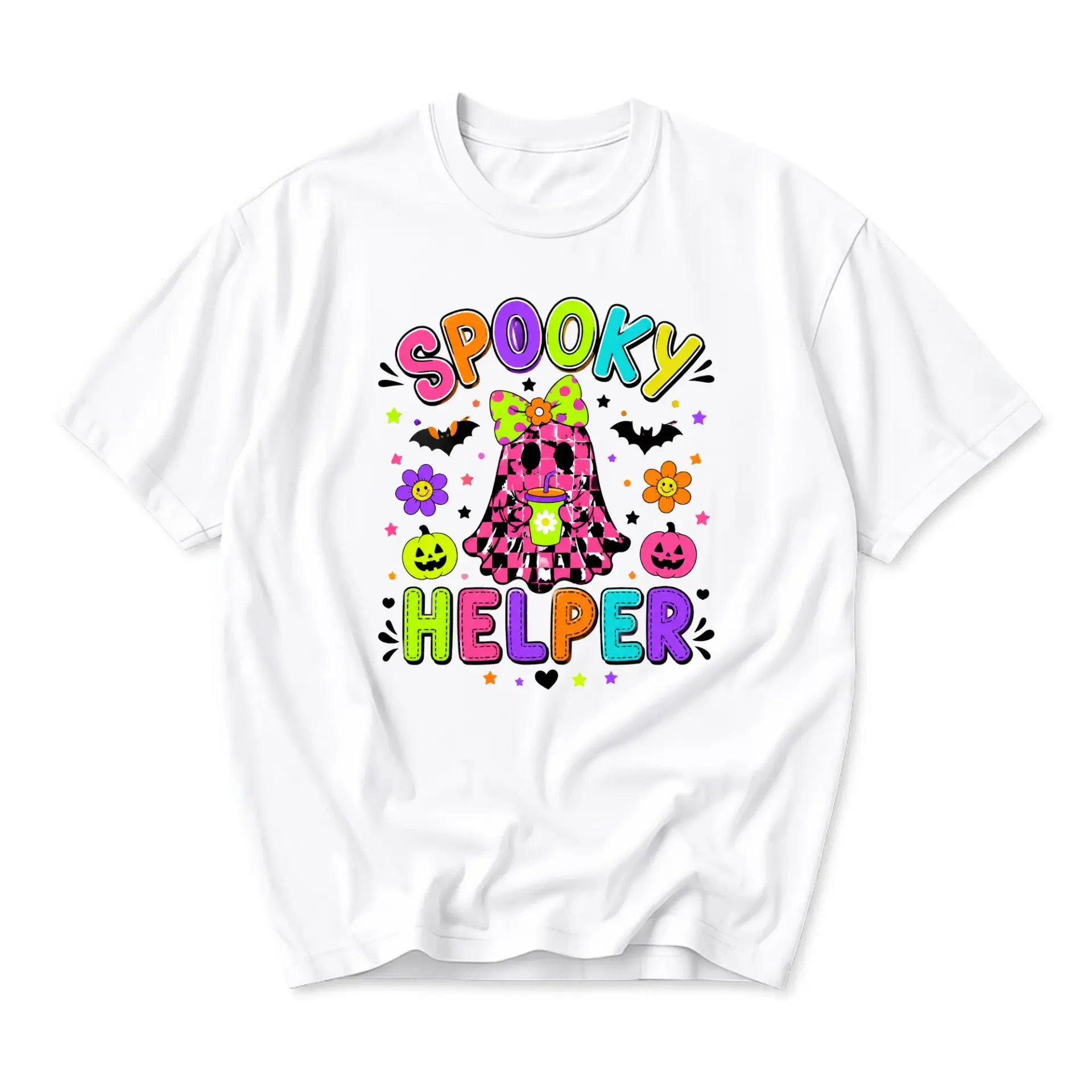 Funny Shirt Spooky Helper Graphic Tee Cute Ghost Design Colorful Aesthetic Halloween Casual Cotton Crewneck Top