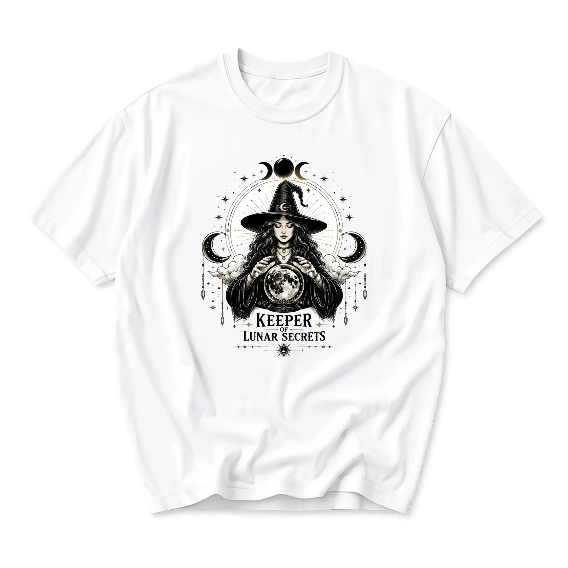 Graphic Tee Keeper of Lunar Secrets Witch Celestial Art Print Casual Unisex Short Sleeve Crew Neck Cotton Shirt
