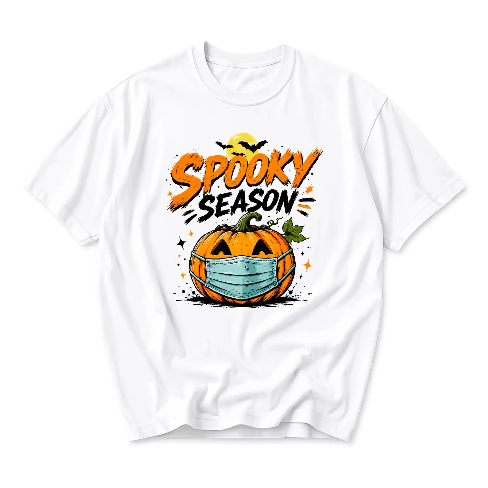 Graphic Tee Spooky Season Pumpkin Wearing a Face Mask Unisex Crew Neck Short Sleeve Casual Cotton Blend Apparel White