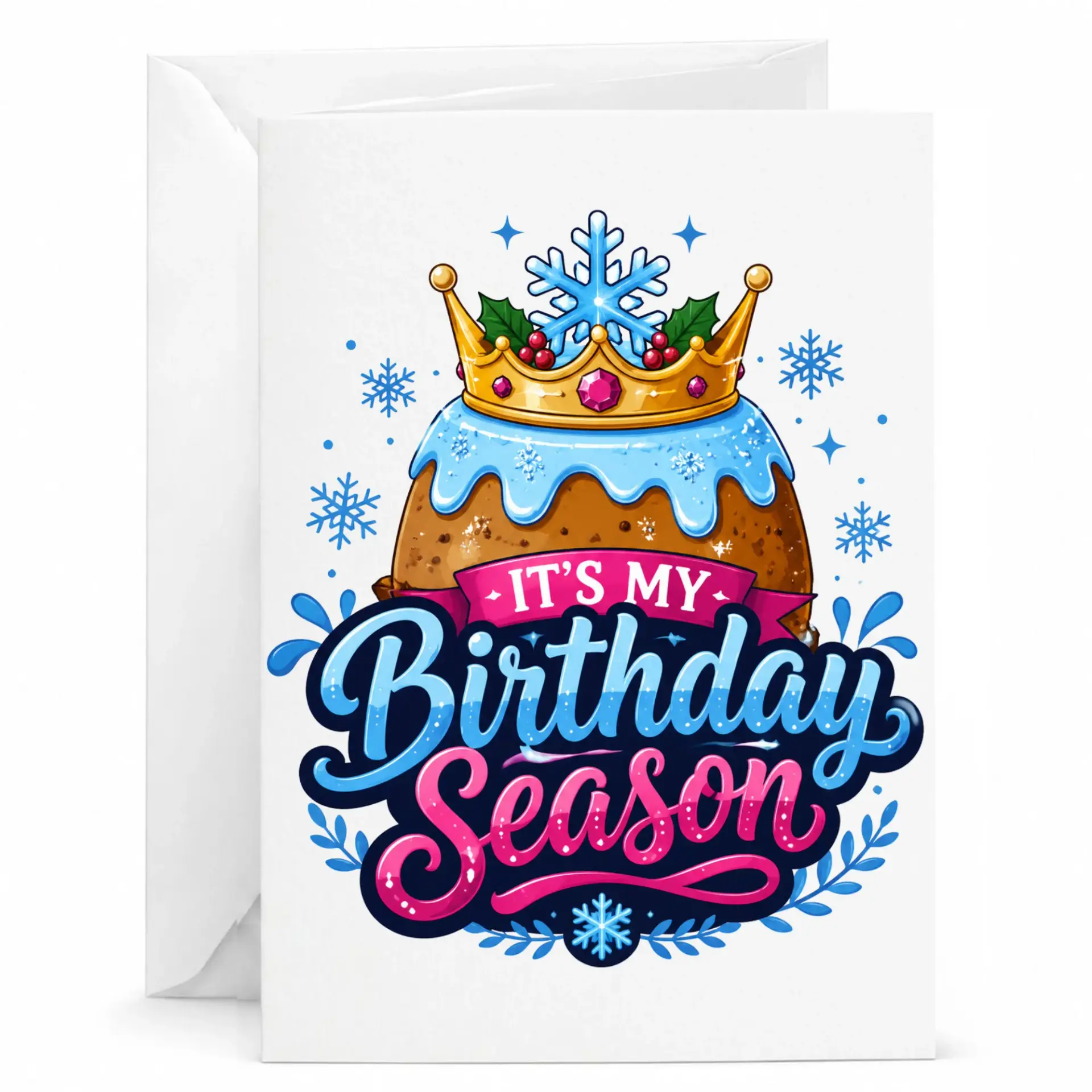 Birthday Card Featuring a Festive Crowned Dessert Design with Winter Snowflake Accents for Seasonal Celebrations