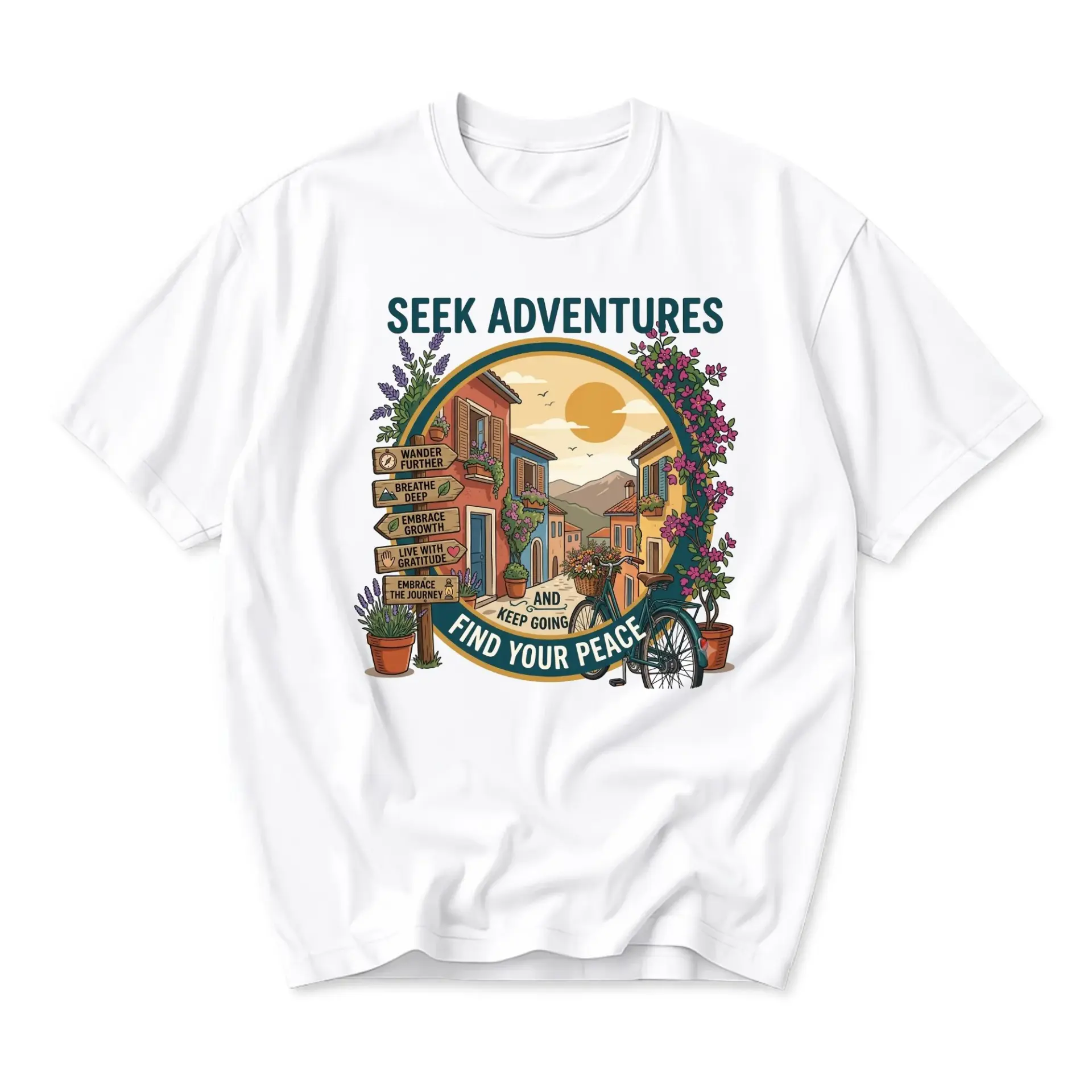 Graphic Tee Seek Adventures Find Your Peace Unisex Cotton Blend Crew Neck Short Sleeve Shirt Nature Travel Inspired