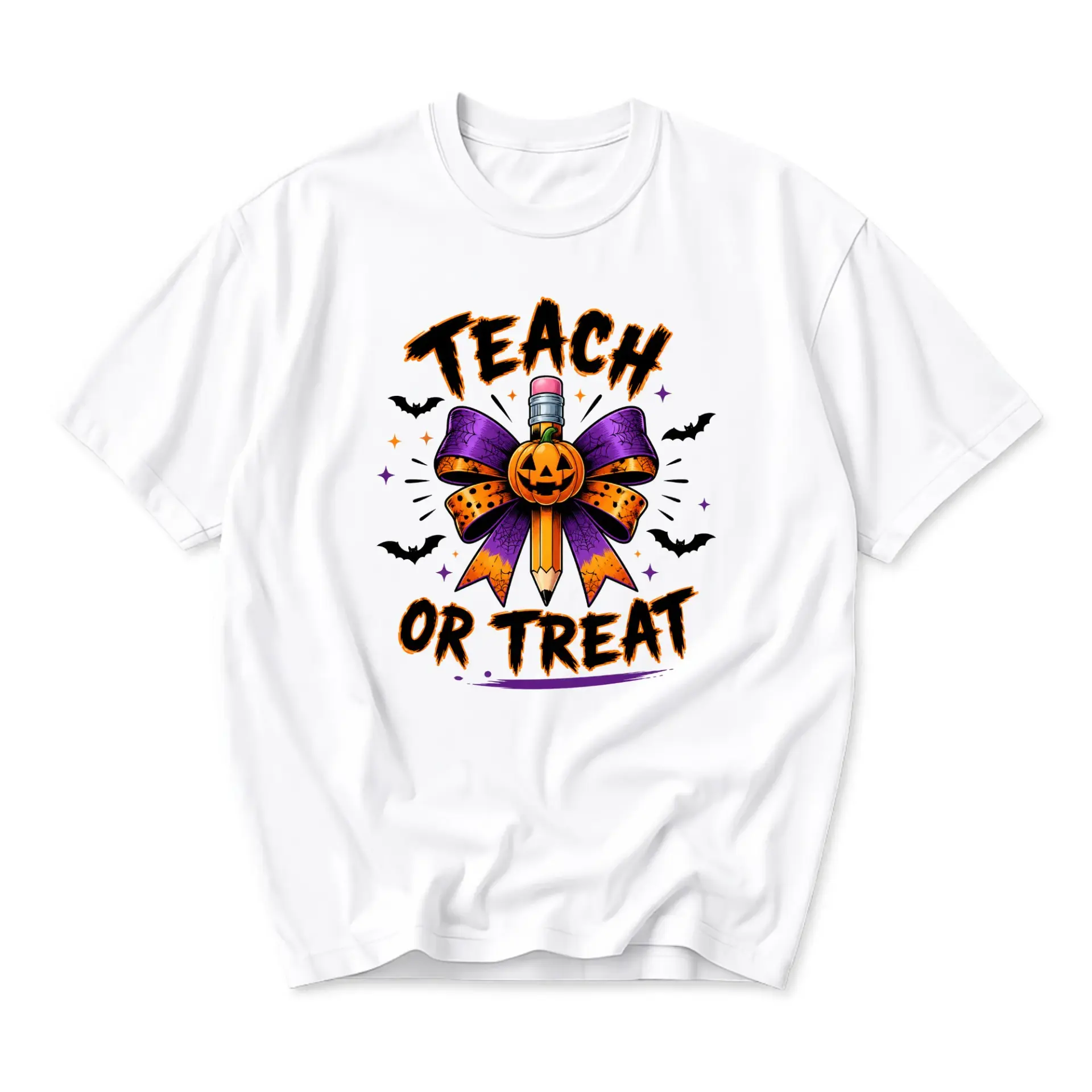 Graphic Tee Teach or Treat Halloween Pumpkin Pencil Design Unisex Crew Neck Soft Cotton Blend Casual Everyday Short Sleeve