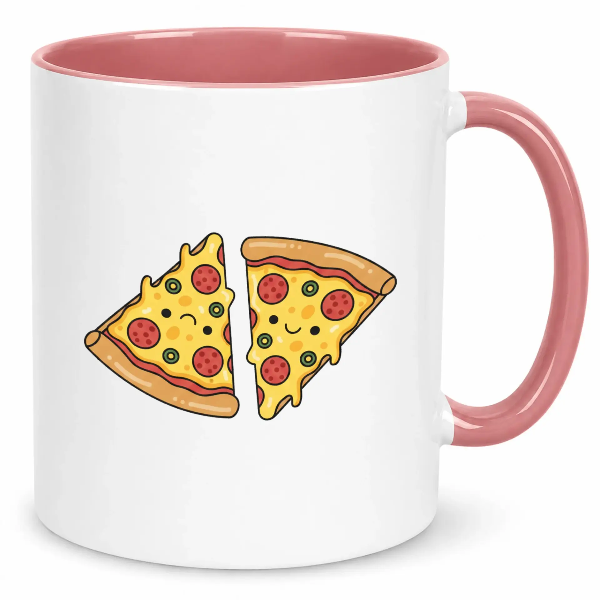 Funny Cartoon Pizza Slices Ceramic Coffee Mug, Cute Happy Sad Food Design Tea Cup, 11 Oz or 15 Oz Premium Drinkware for Home Office