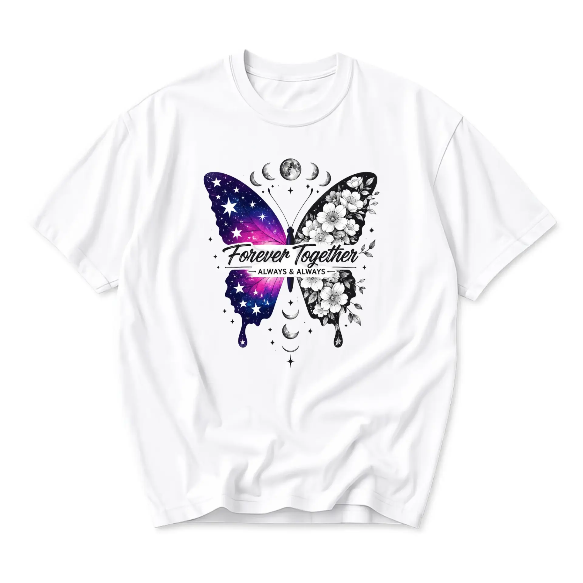 Graphic Tee Butterfly Floral Galaxy Print Unisex Crew Neck Shirt for Casual Wear and Everyday Style Aesthetic Apparel