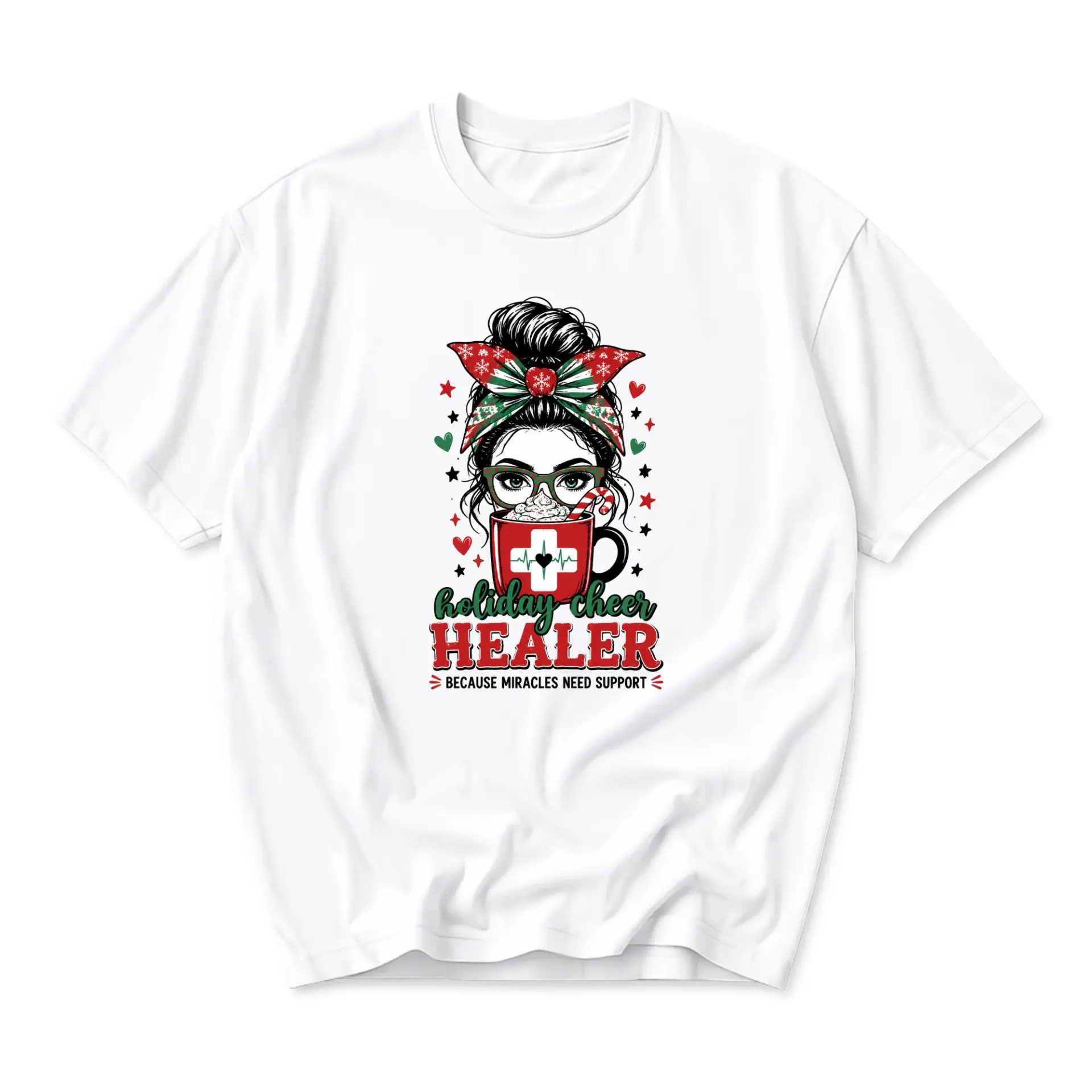 Graphic Tee Holiday Cheer Healer Shirt Unisex Casual Crew Neck Apparel for Medical Professionals and Nursing Staff