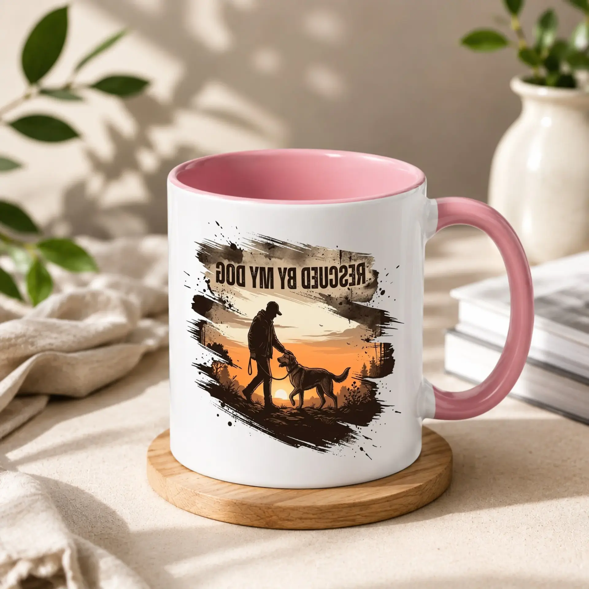 Dog Lover Ceramic Coffee Mug Rescued by My Graphic Design Featuring a Man Walking with His Pet at Sunset Blue Rim