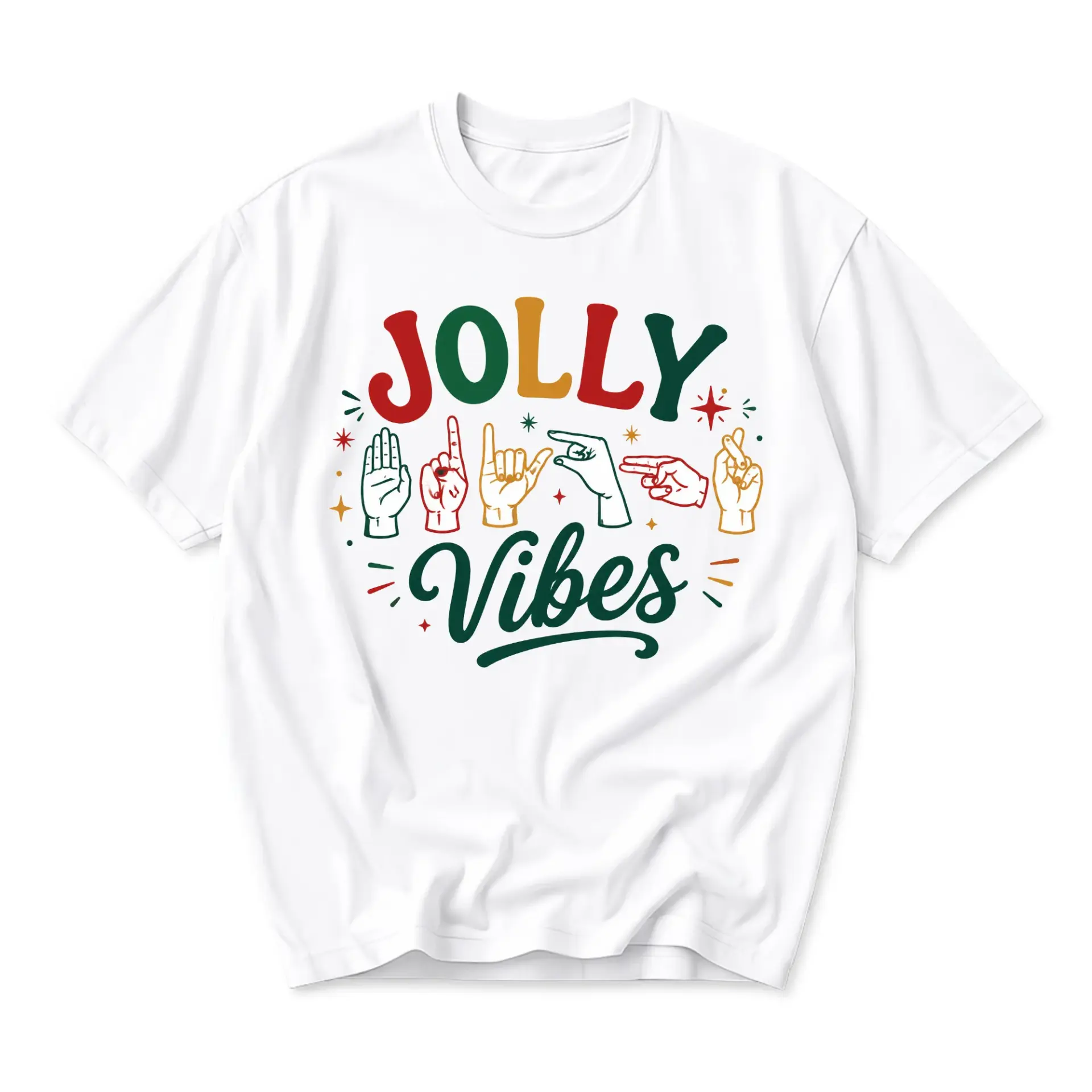 Graphic Tee Jolly Vibes Sign Language Hand Signs Print Unisex Crew Neck Shirt for Casual Everyday Wear Holiday Style