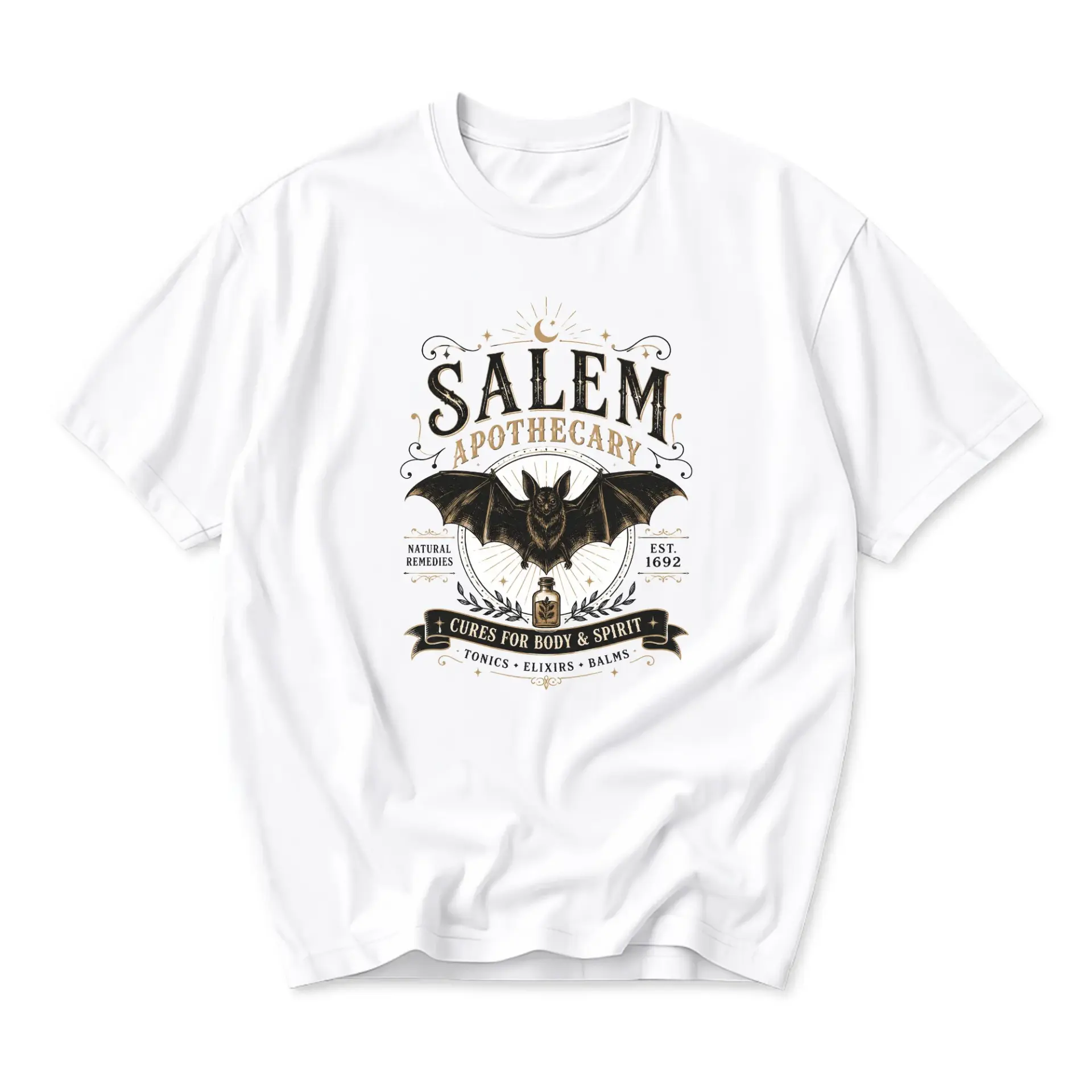 Graphic Tee Salem Apothecary Bat Illustration Unisex Crew Neck Short Sleeve Shirt for Casual Everyday Style and Wear