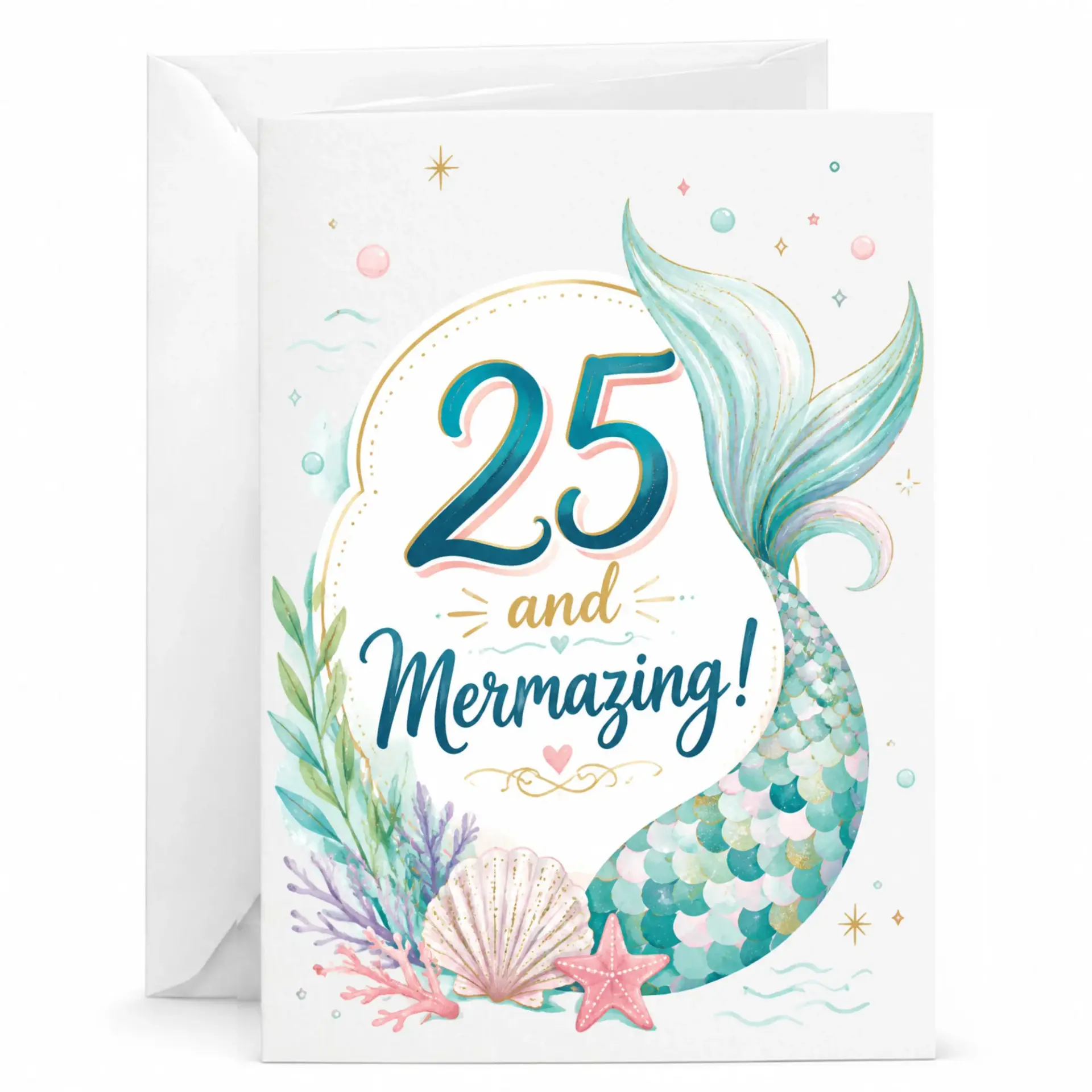 Birthday Card 25 and Mermazing Mermaid Tail Illustration Design Greeting Card for Milestone Twenty Fifth Birthday Celebration