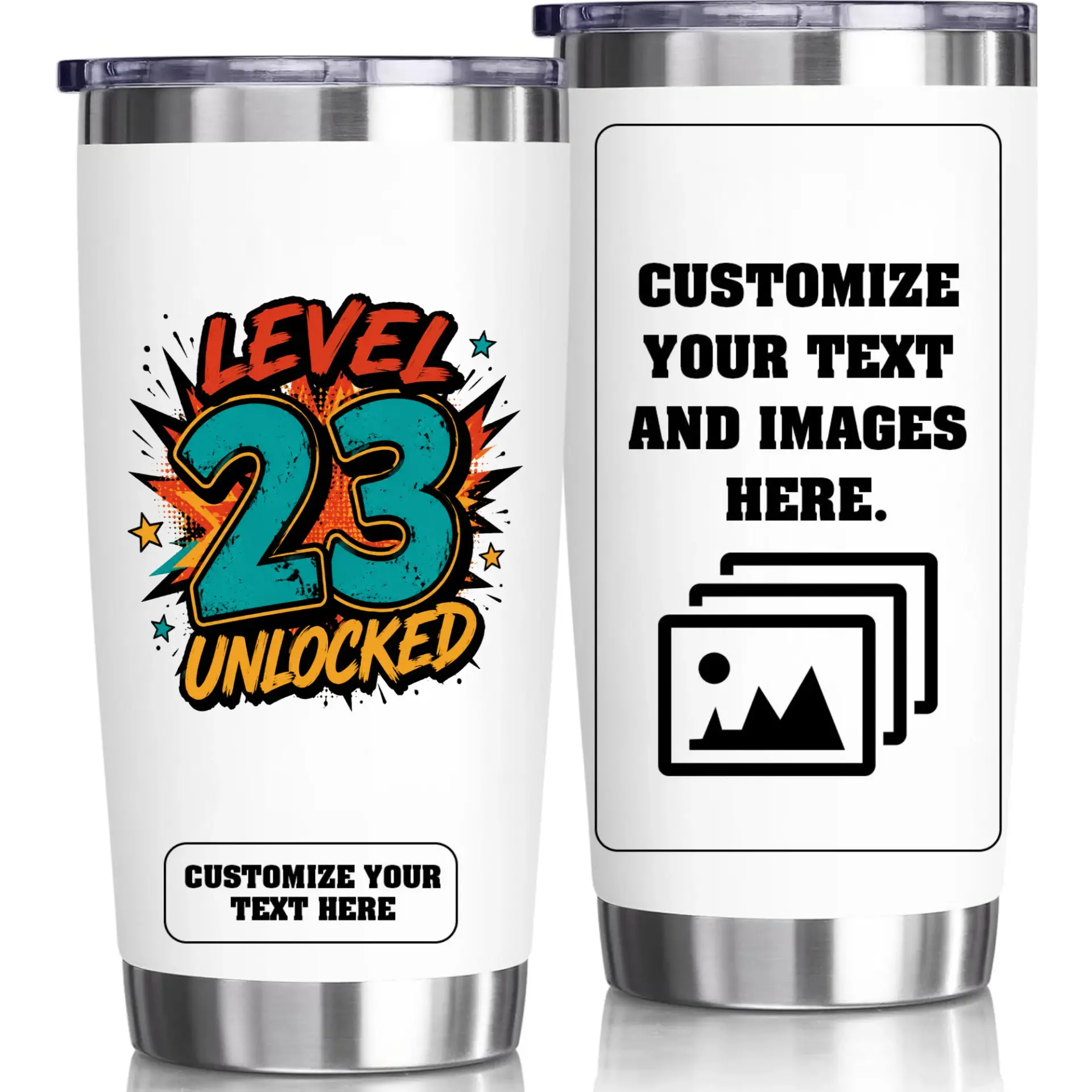 Stainless Steel Tumbler Level 23 Unlocked Birthday Gift 20oz Vacuum Insulated Travel Cup with Custom Text Option