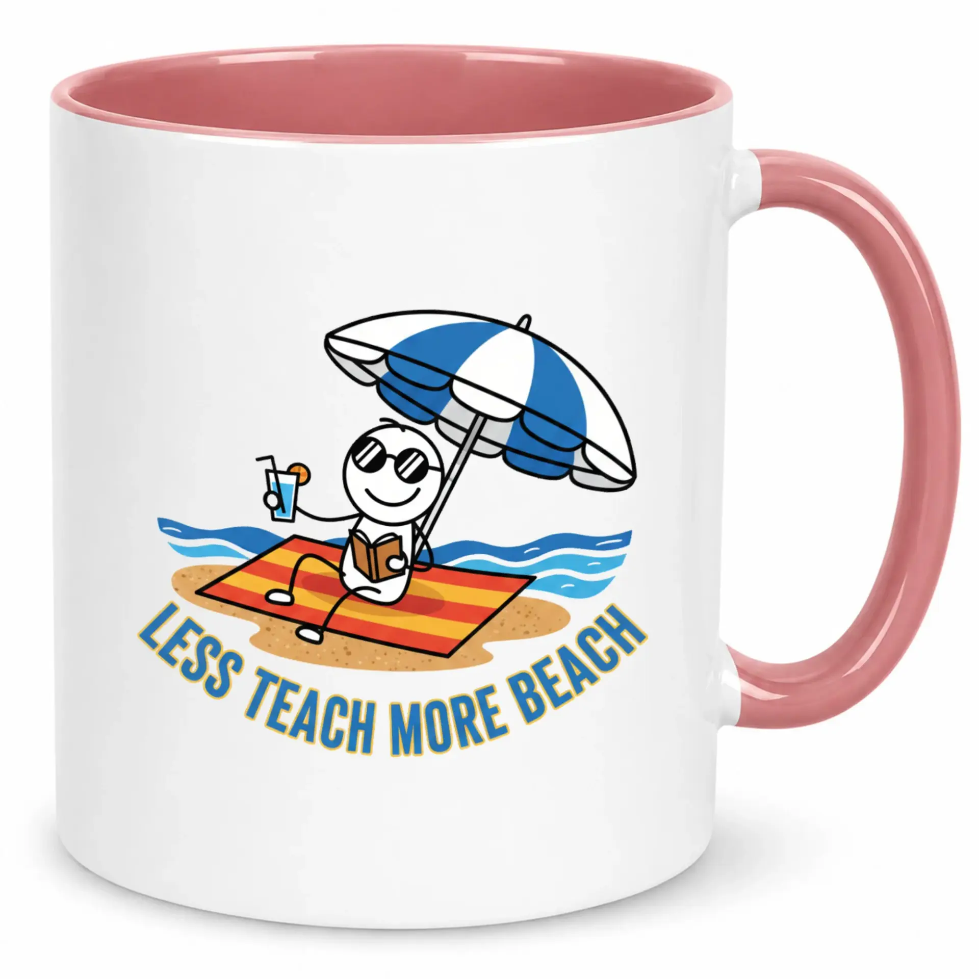 Funny Teacher Vacation Ceramic Coffee Mug with Beach Stick Figure Design, Relaxing Holiday Theme Drinkware, 11oz or 15oz