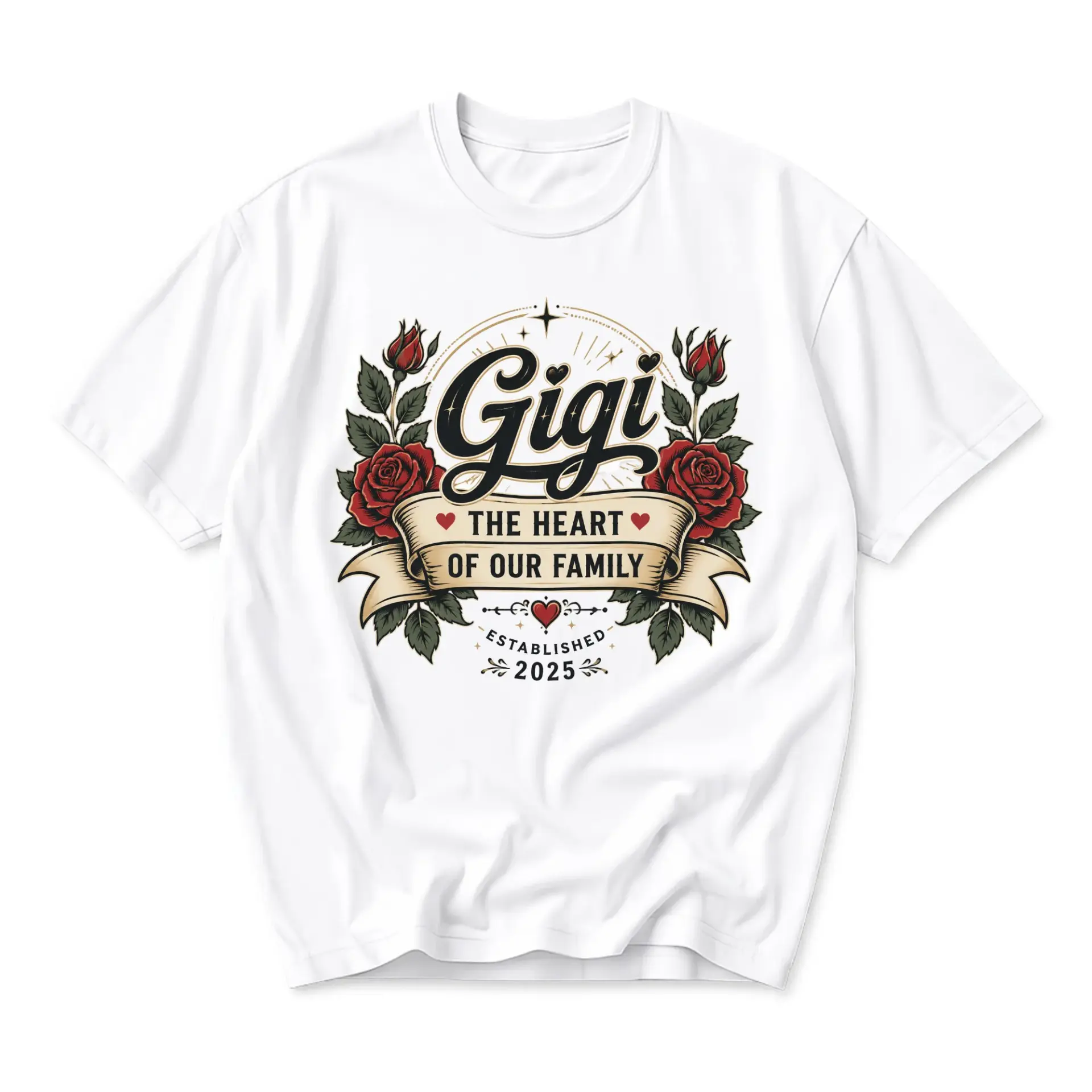 T-shirt Gigi the Heart of Our Family Floral Graphic Tee Vintage Style Rose Botanical Print Comfortable Casual Top