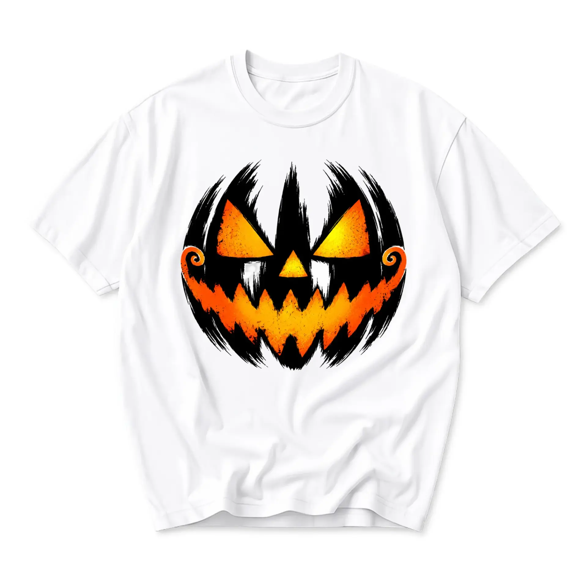 Funny Shirt Halloween Pumpkin Face Graphic Tee Unisex Crew Neck Short Sleeve Casual Cotton Blend Apparel Top White