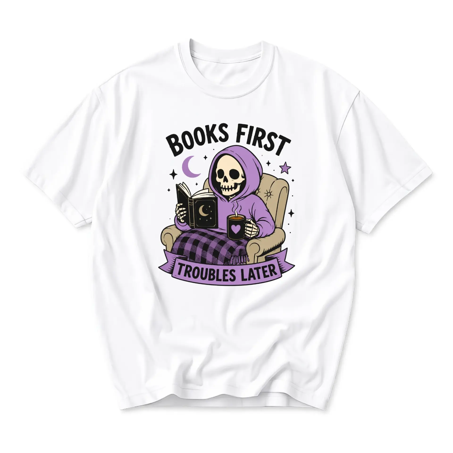 Funny Shirt Books First Troubles Later Graphic Tee Unisex Casual Apparel for Avid Readers and Book Lovers White