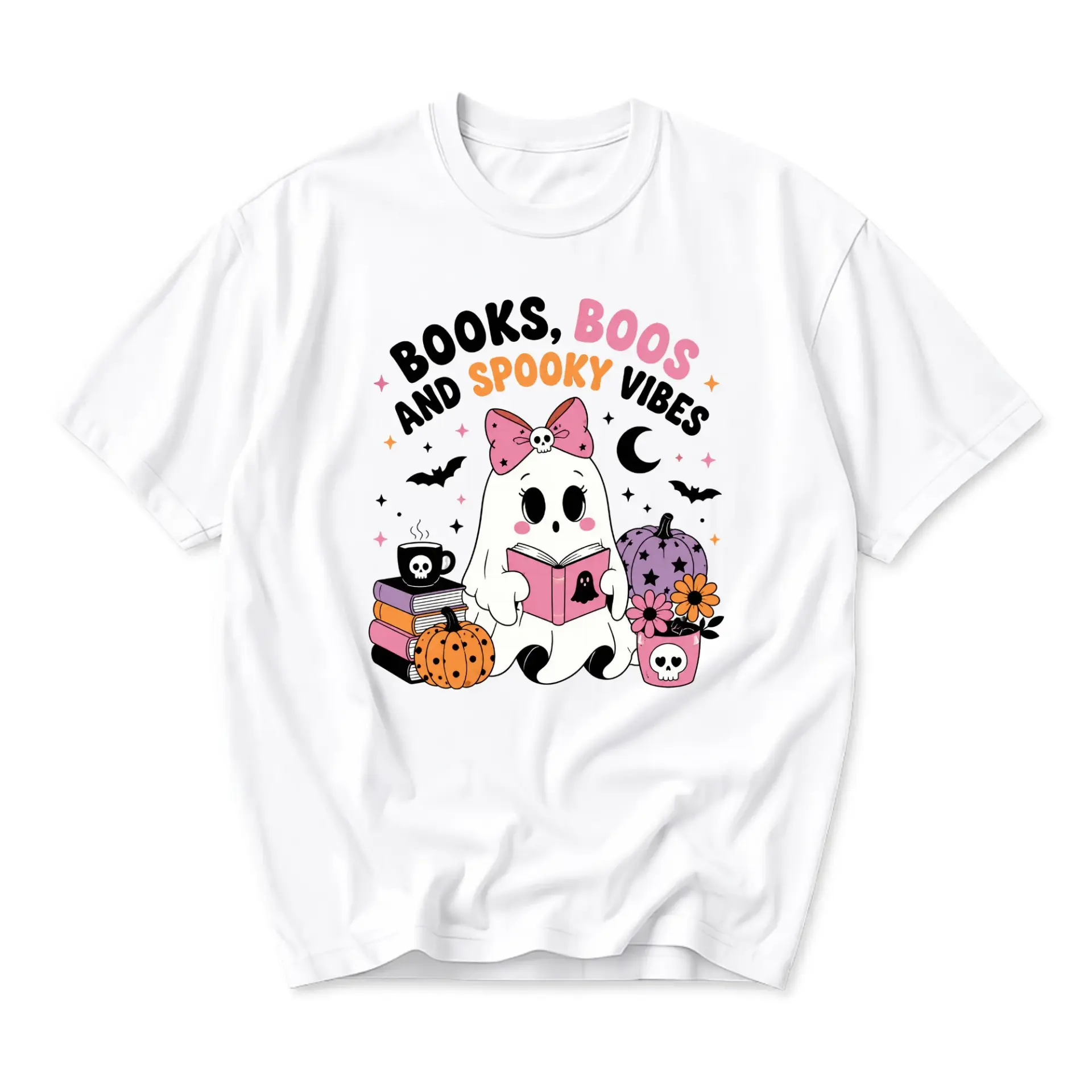 Graphic Tee Books Boos and Spooky Vibes Unisex T-Shirt Cute Ghost Reading Novelty Fall Season Casual Crewneck Top