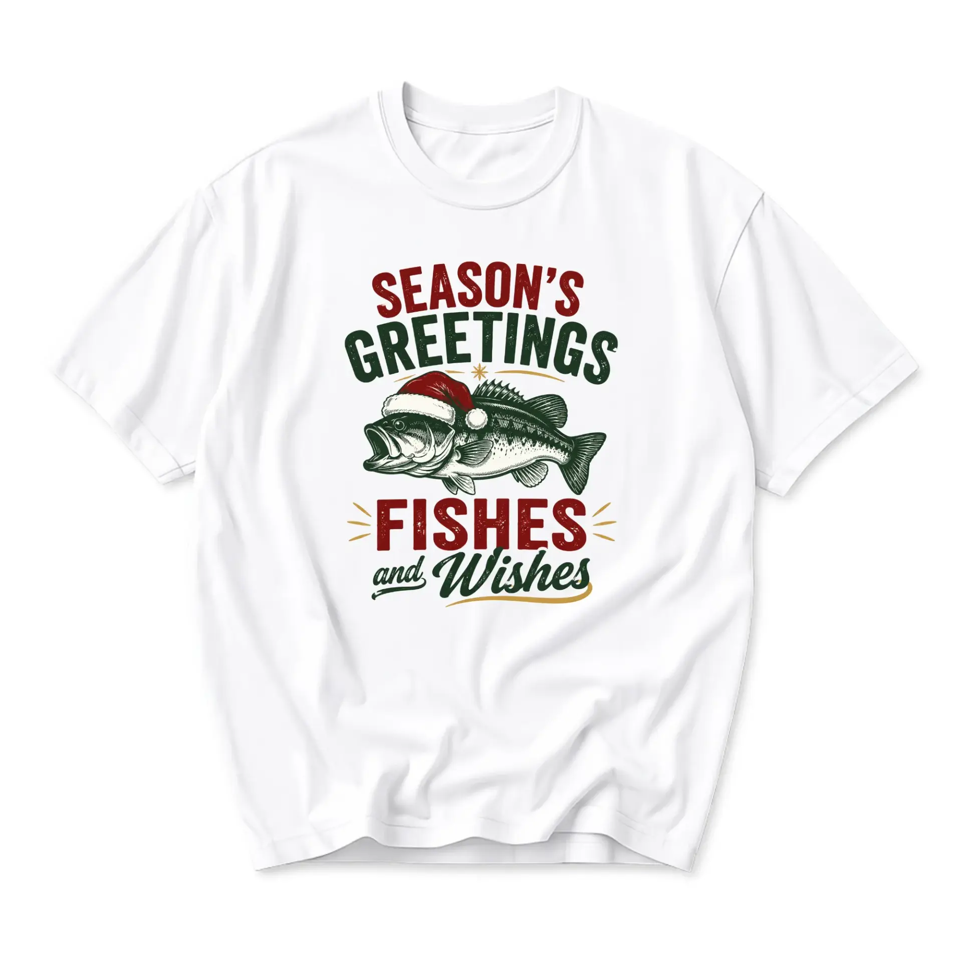 Funny Shirt Season Greetings Fishes and Wishes Holiday Fishing Graphic Tee Unisex Short Sleeve Crew Neck Cotton Top