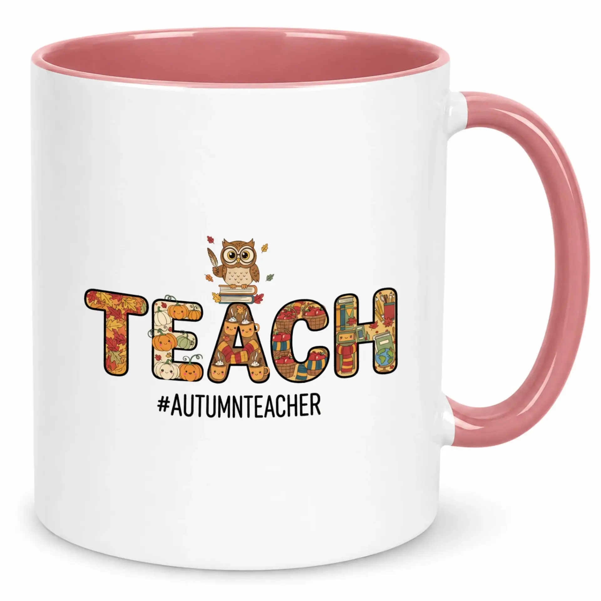 Ceramic Coffee Mug with Autumn Teacher Design and Cute Owl on Books, Fall Theme Drinkware for Educators, Pink Interior, 11 Oz or 15 Oz