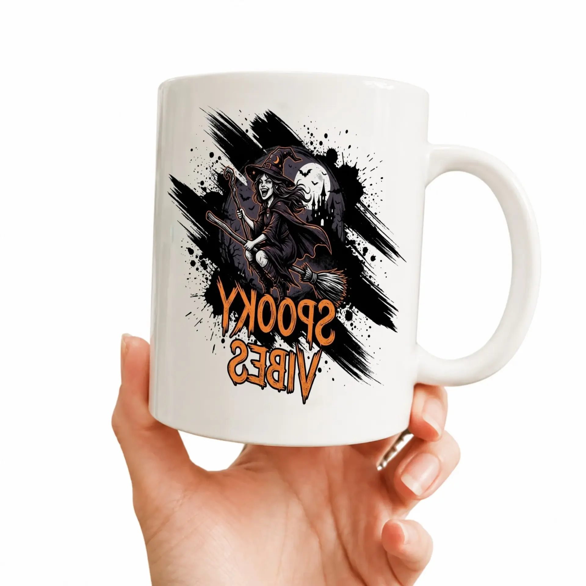 Spooky Vibes Witch Coffee Mug with Blue Handle Festive Halloween Ceramic Drinkware for Seasonal Hot Beverage Enjoyment