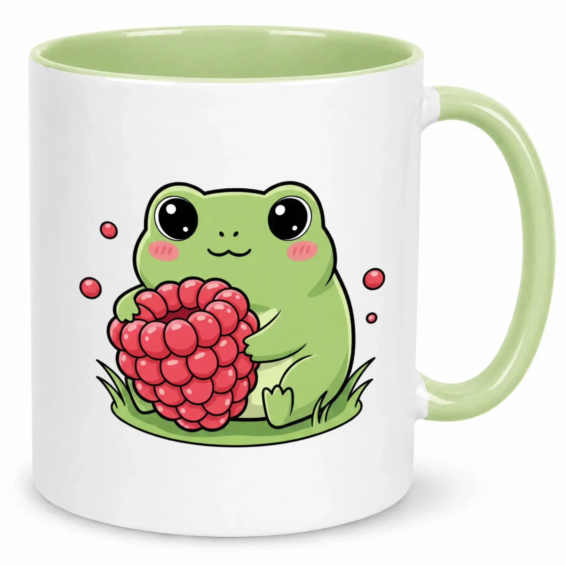 Cute Kawaii Frog Holding Raspberry Ceramic Coffee Mug with Green Handle and Interior, Ideal for Morning Beverages and Kitchen Decor, 11oz or 15oz