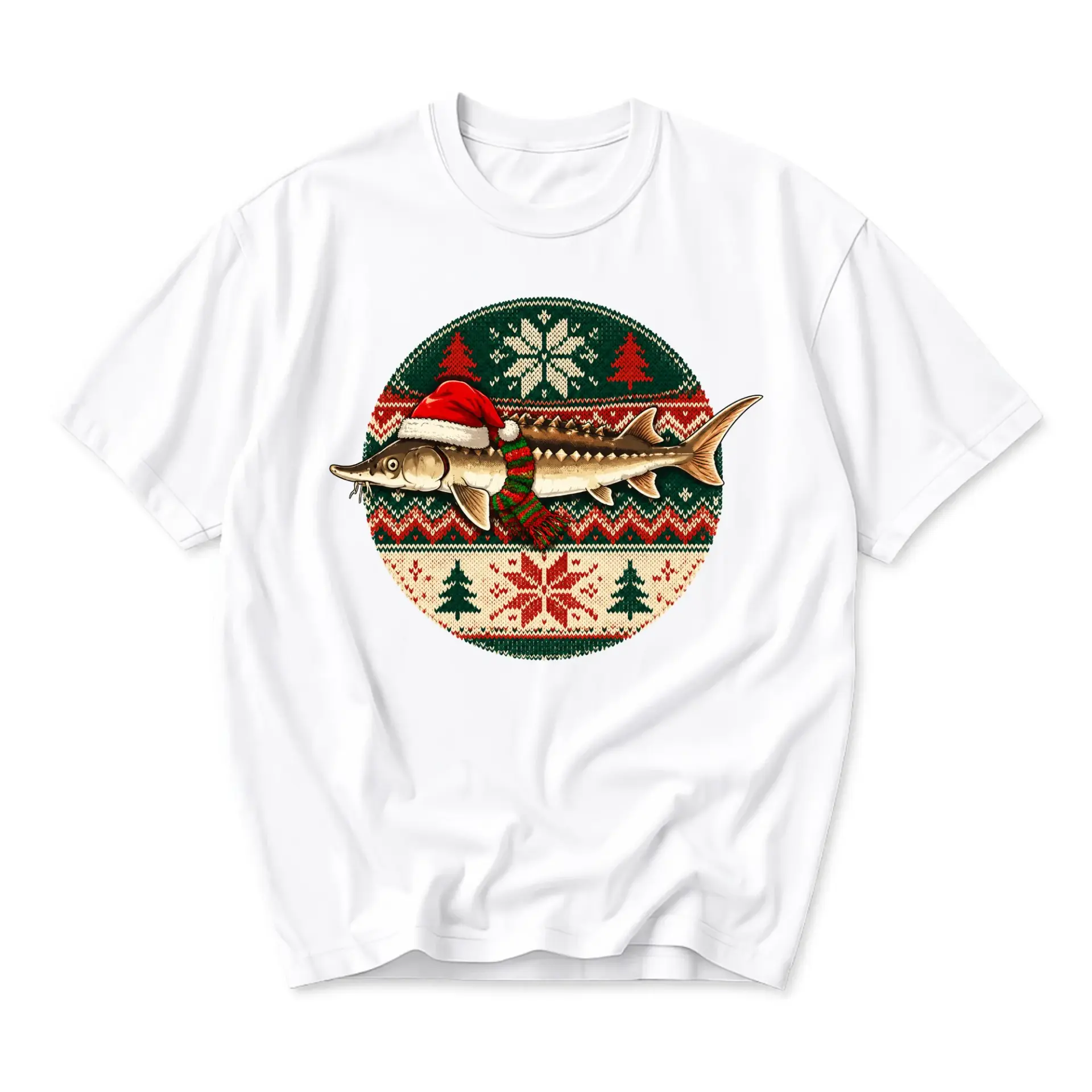 Graphic Tee Unisex Christmas Sturgeon Fish Wearing Santa Hat and Scarf Holiday Season Short Sleeve Crew Neck Shirt