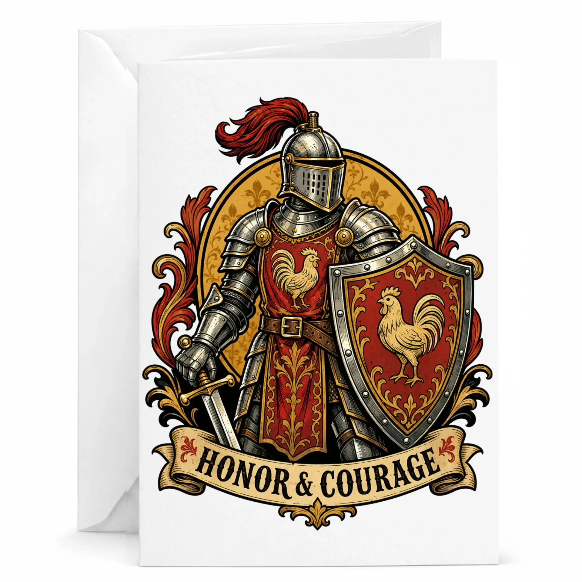 Greeting Card Featuring Medieval Knight with Rooster and Honor Courage Text for Various Special Occasions