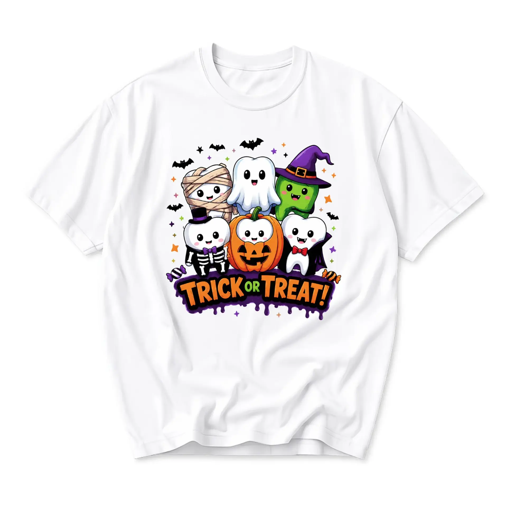 Funny Shirt Trick or Treat Halloween Dental Cartoon Graphic Tee Unisex Crew Neck Short Sleeve Casual Cotton Blend Top
