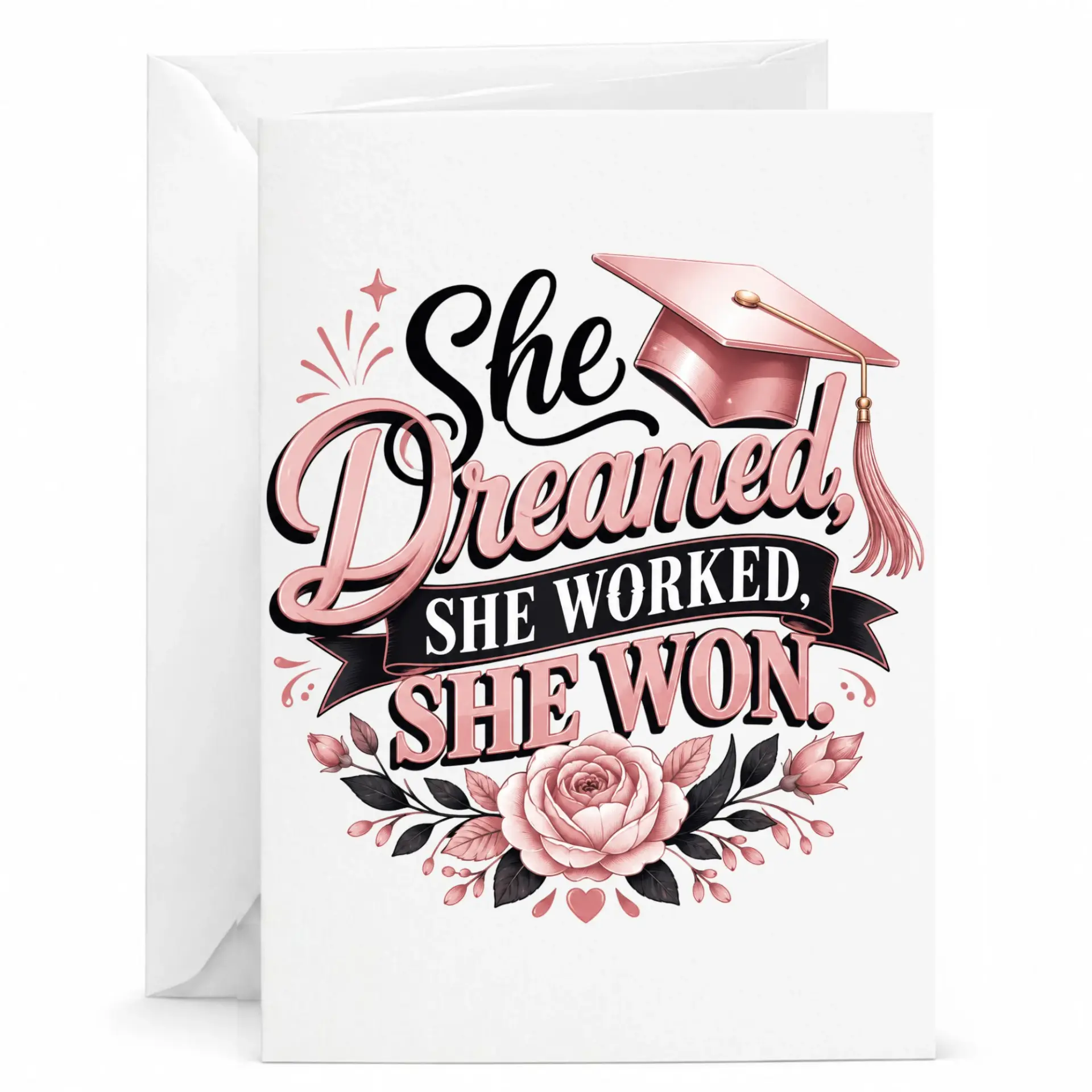 Congratulatory Graduation Greeting Card for Her Inspirational Quote She Dreamed Worked Won Design 5x7