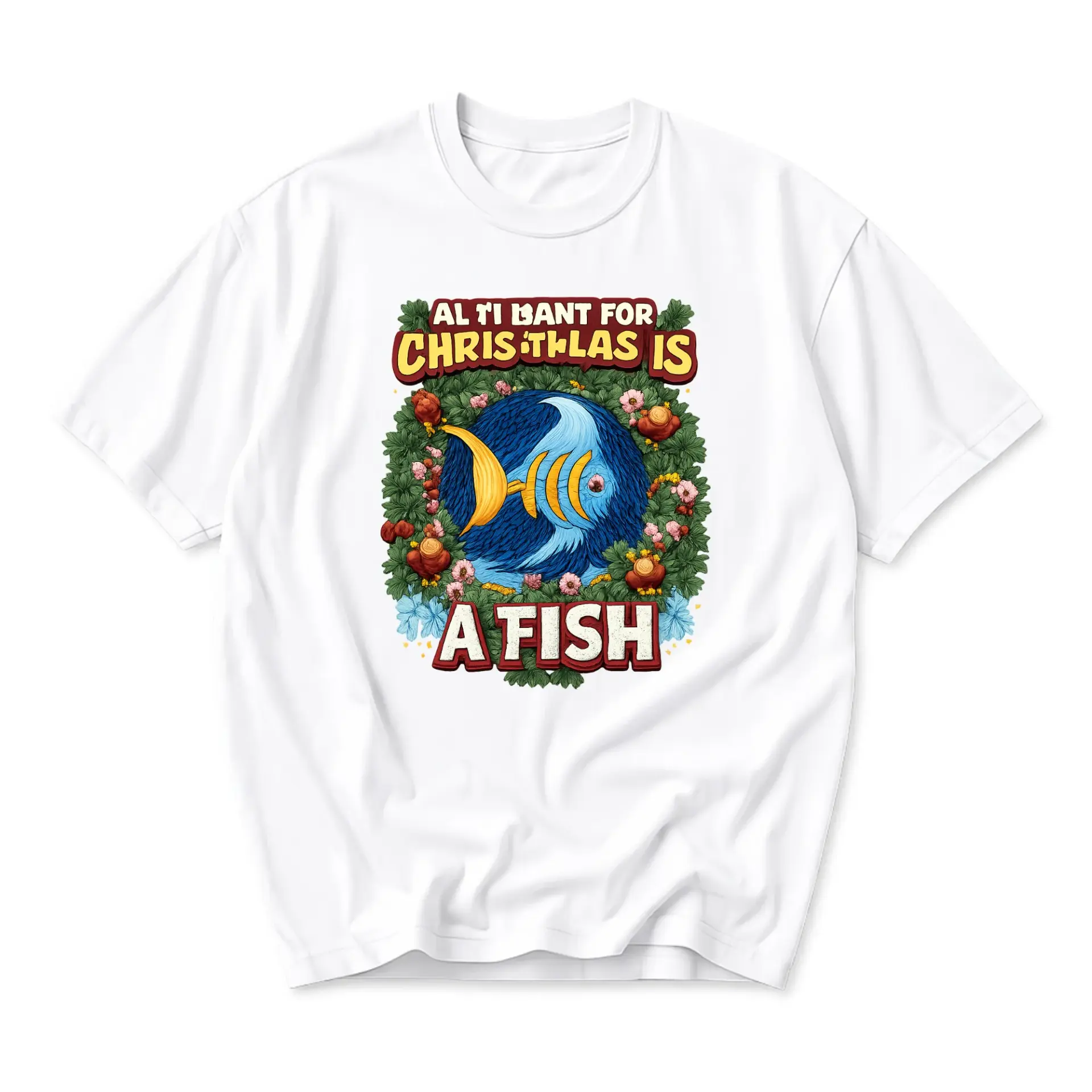 Funny Shirt All I Want for Christmas Is a Fish Graphic Tee Holiday Seasonal Humorous Unisex Crew Neck Casual Wear