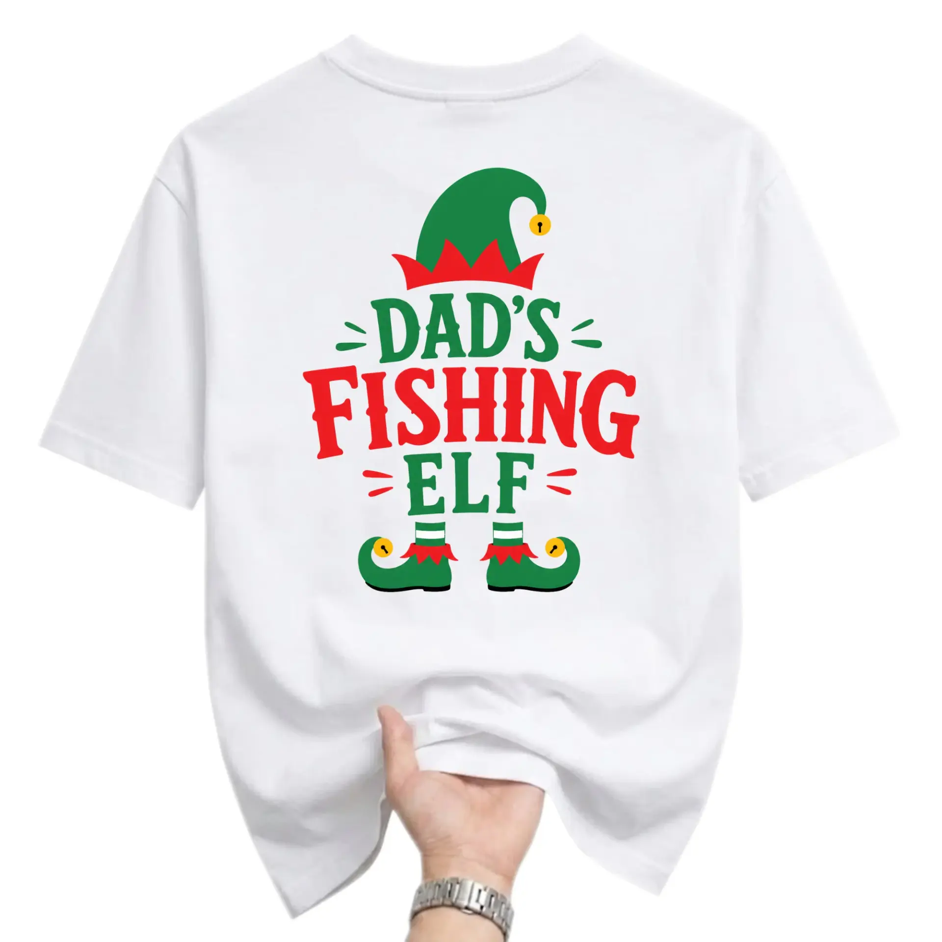 Funny Shirt Dad's Fishing Elf Graphic Tee Unisex Crew Neck Holiday Apparel for Fishing Enthusiasts and Dads