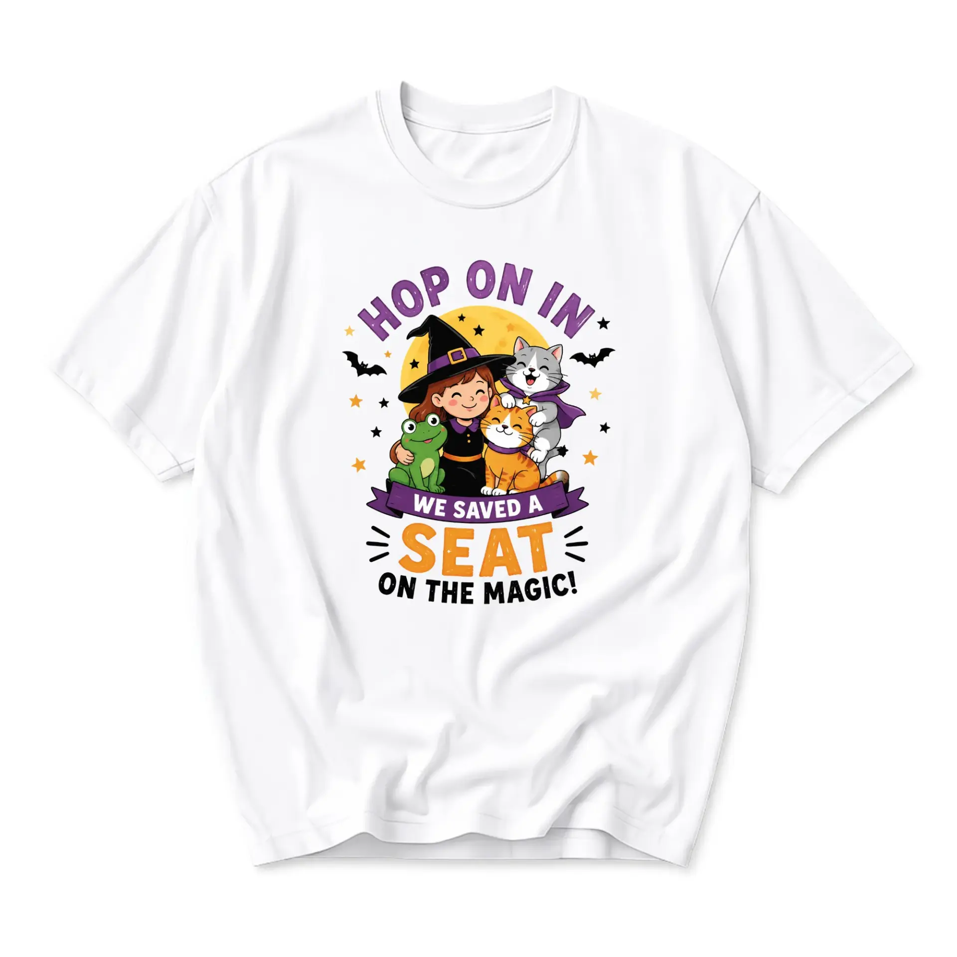 Funny Shirt Hop on in We Saved a Seat on the Magic Witch with Animals Graphic Tee Unisex Casual Crew Neck Top