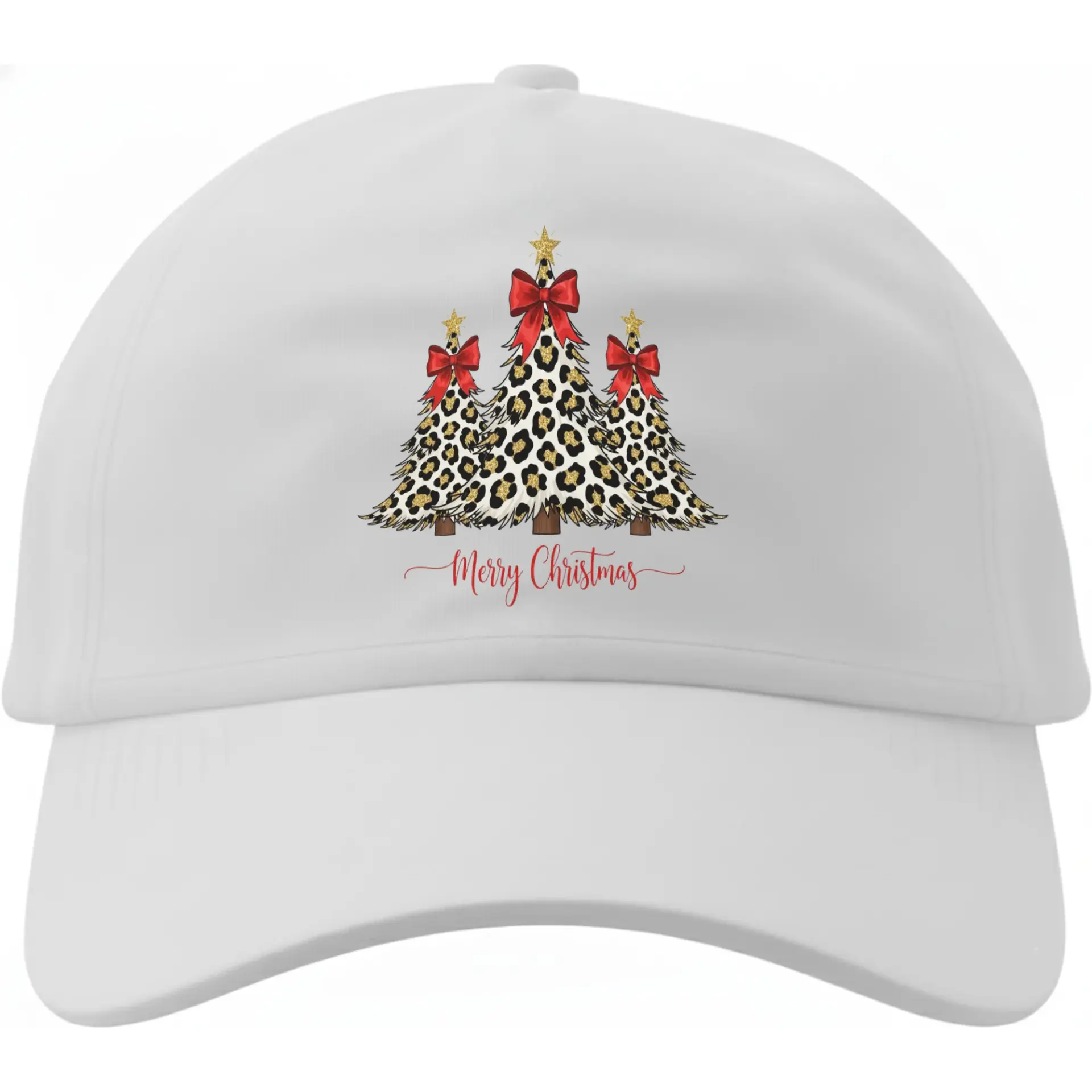 Dad Hat Merry Christmas Leopard Print Pine Tree Design White Baseball Cap Casual Adjustable Unisex Headwear