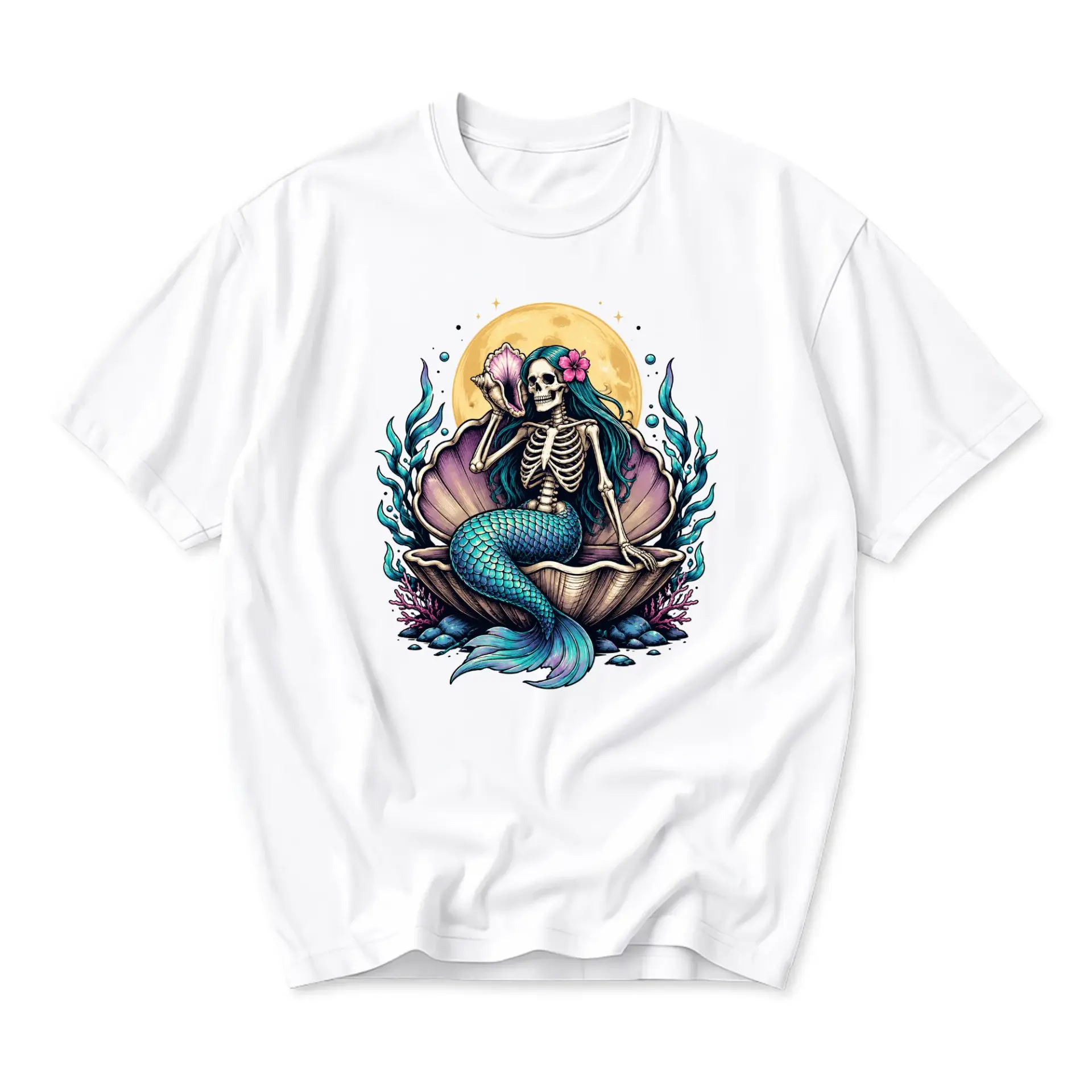 Graphic Tee Skeleton Mermaid Sitting in Seashell Underwater Fantasy Illustration Unisex Crew Neck Cotton T-Shirt